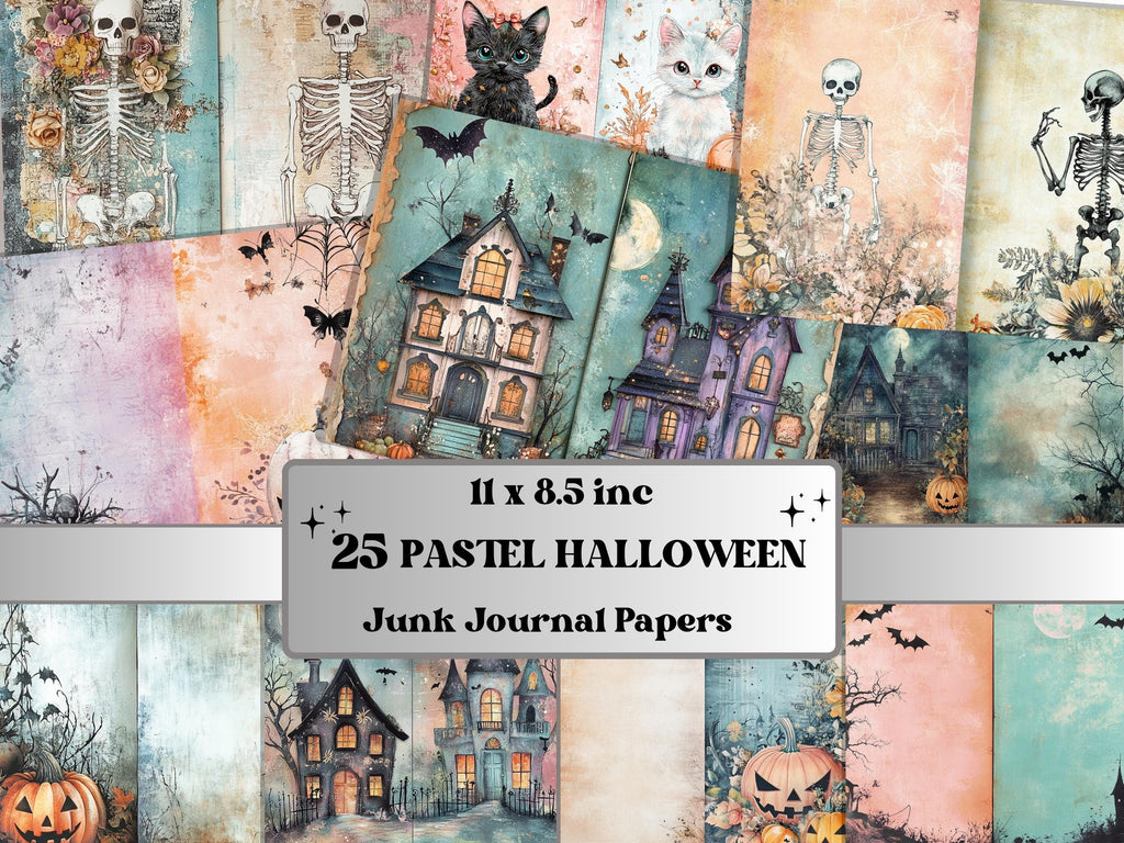 Pastel Halloween Mixed Media Paper, Pastelloween Textures Pages Ephemera Kit, Cute Halloween Collage Scrapbook Paper, Printable Creepy Pages