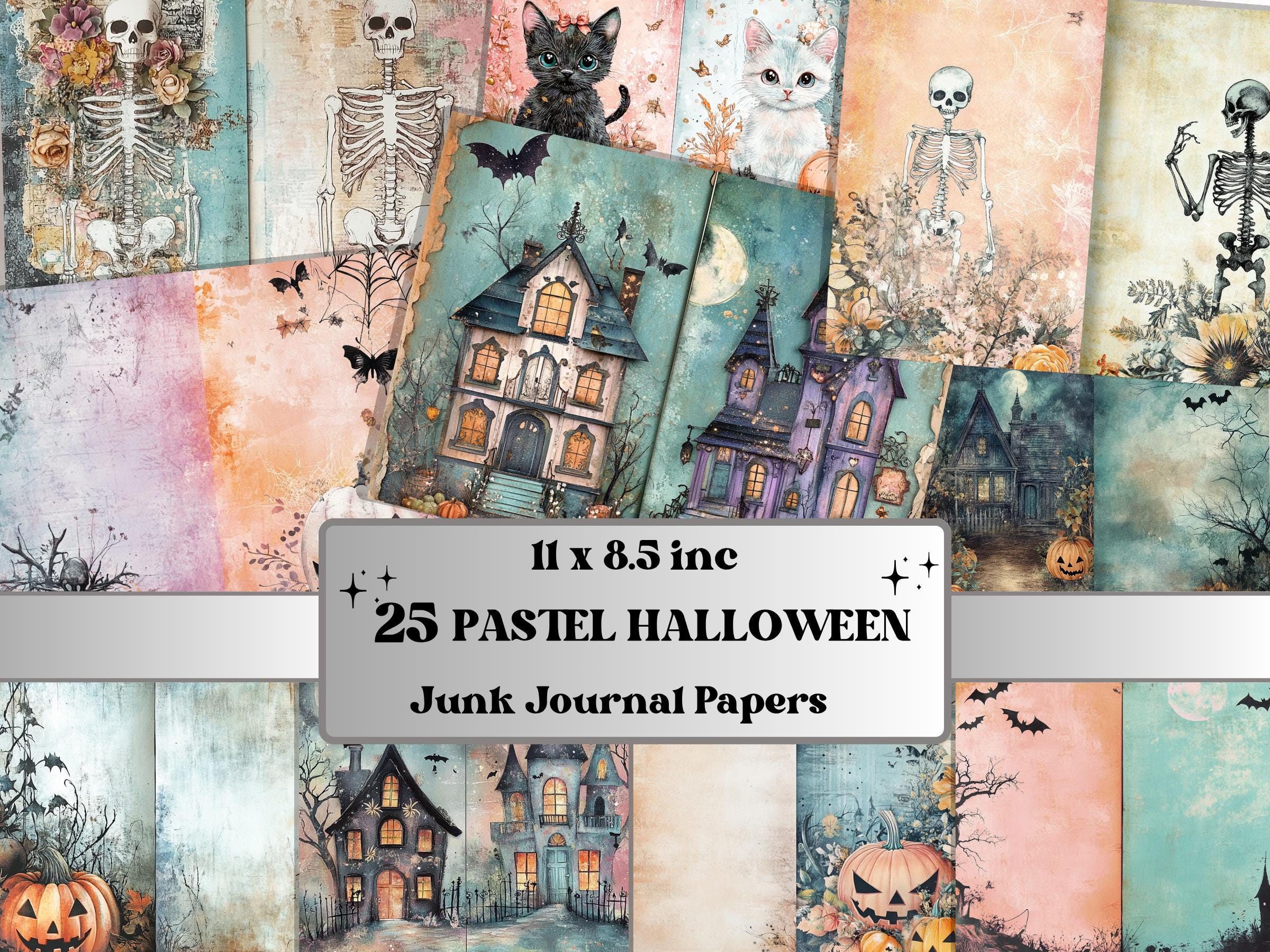 Pastel Halloween Mixed Media Paper, Pastelloween Textures Pages Ephemera Kit, Cute Halloween Collage Scrapbook Paper, Printable Creepy Pages