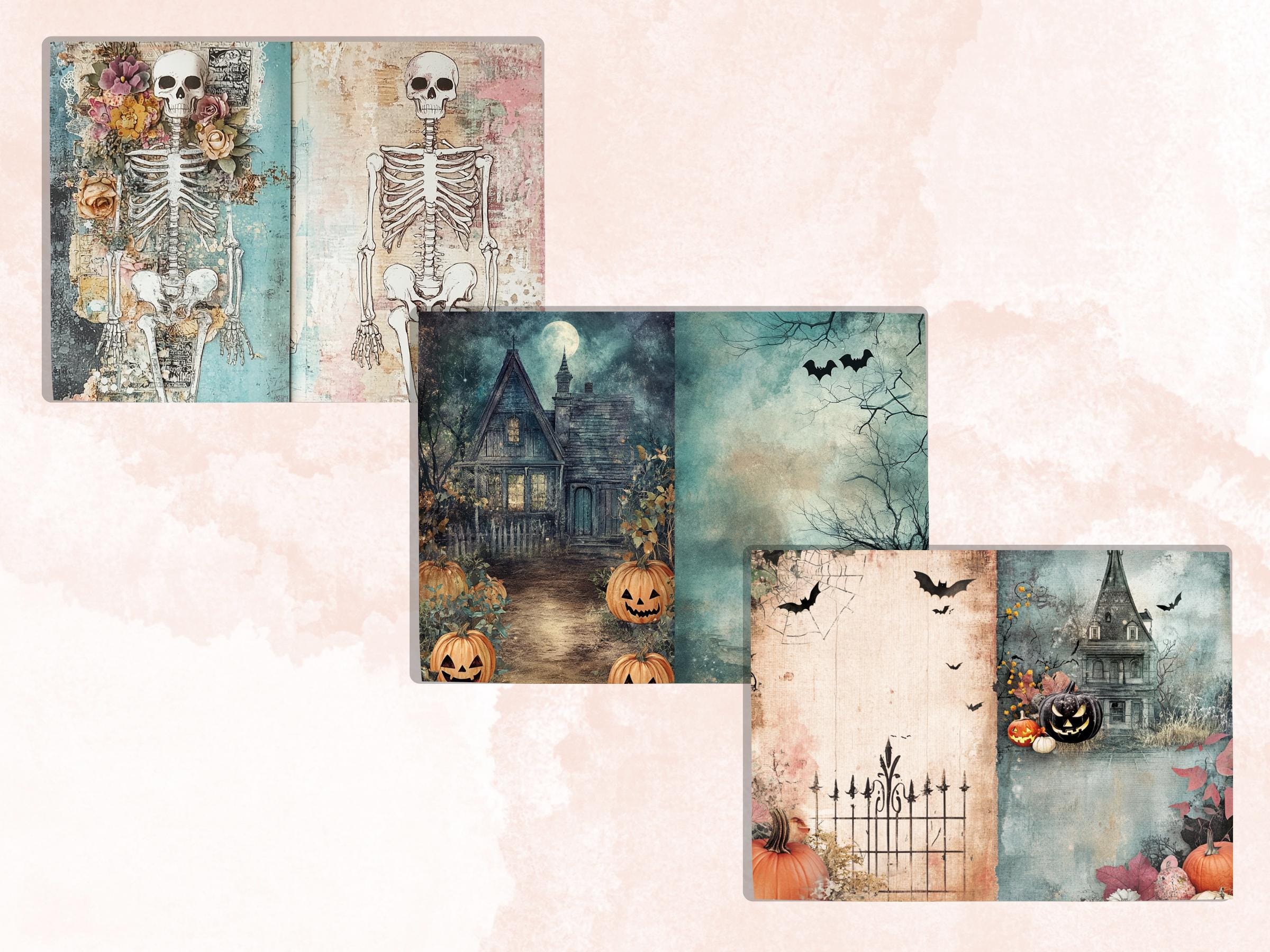 Pastel Halloween Mixed Media Paper, Pastelloween Textures Pages Ephemera Kit, Cute Halloween Collage Scrapbook Paper, Printable Creepy Pages