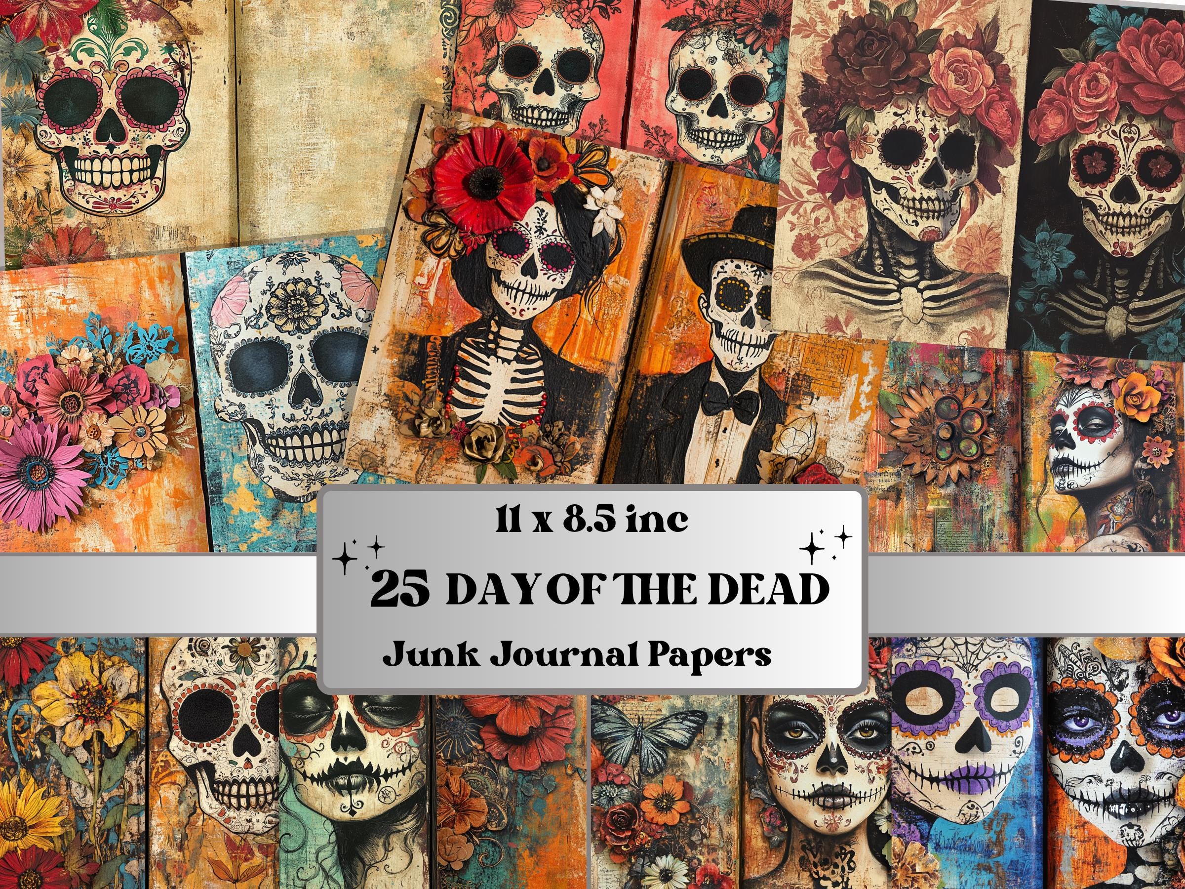 Day of the Dead Mixed Media Paper, Dia de Los Muertos Textures Pages Ephemera Kit, Halloween Collage Scrapbook Paper, Cute Creepy Pages