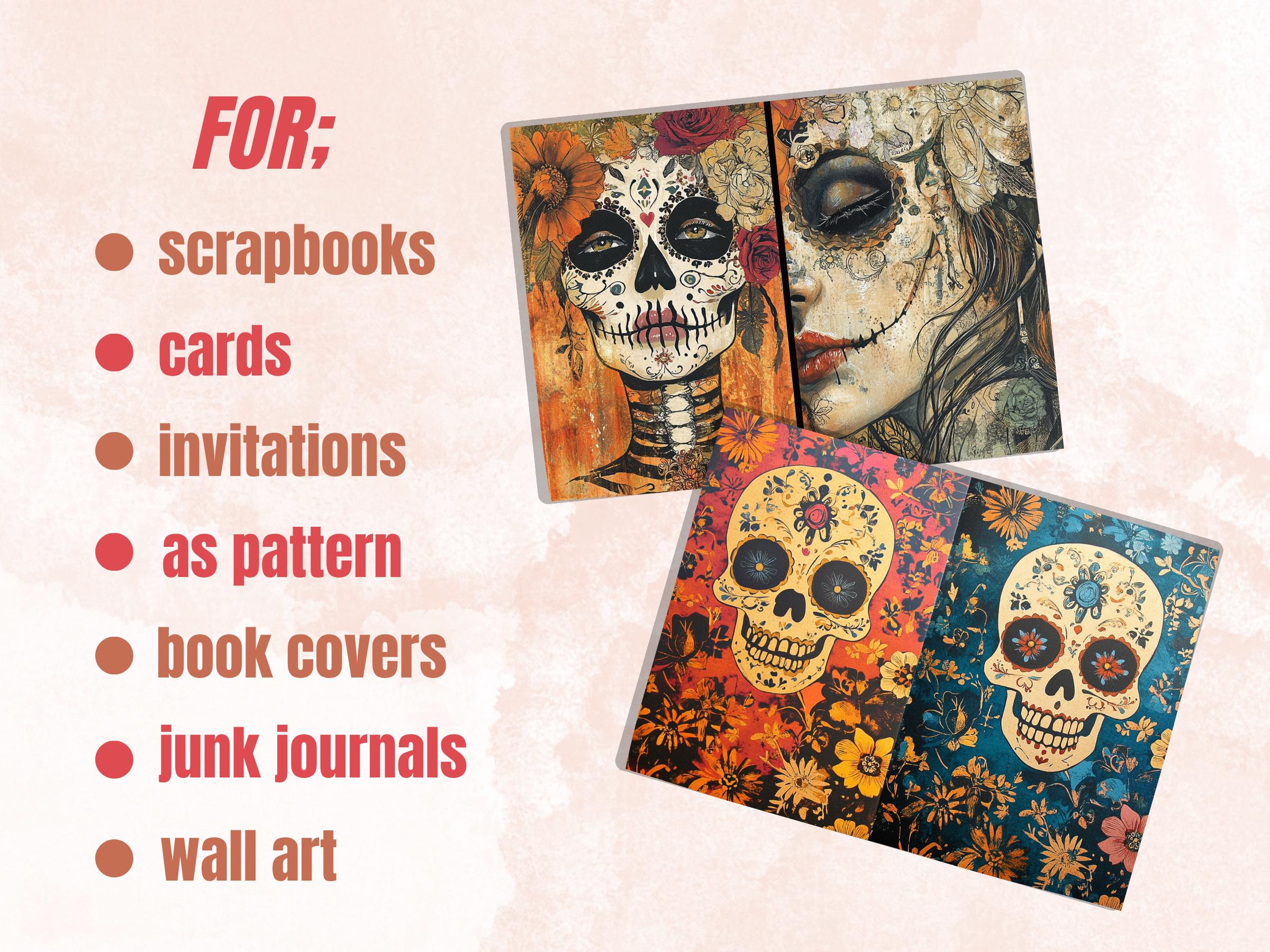 Day of the Dead Mixed Media Paper, Dia de Los Muertos Textures Pages Ephemera Kit, Halloween Collage Scrapbook Paper, Cute Creepy Pages