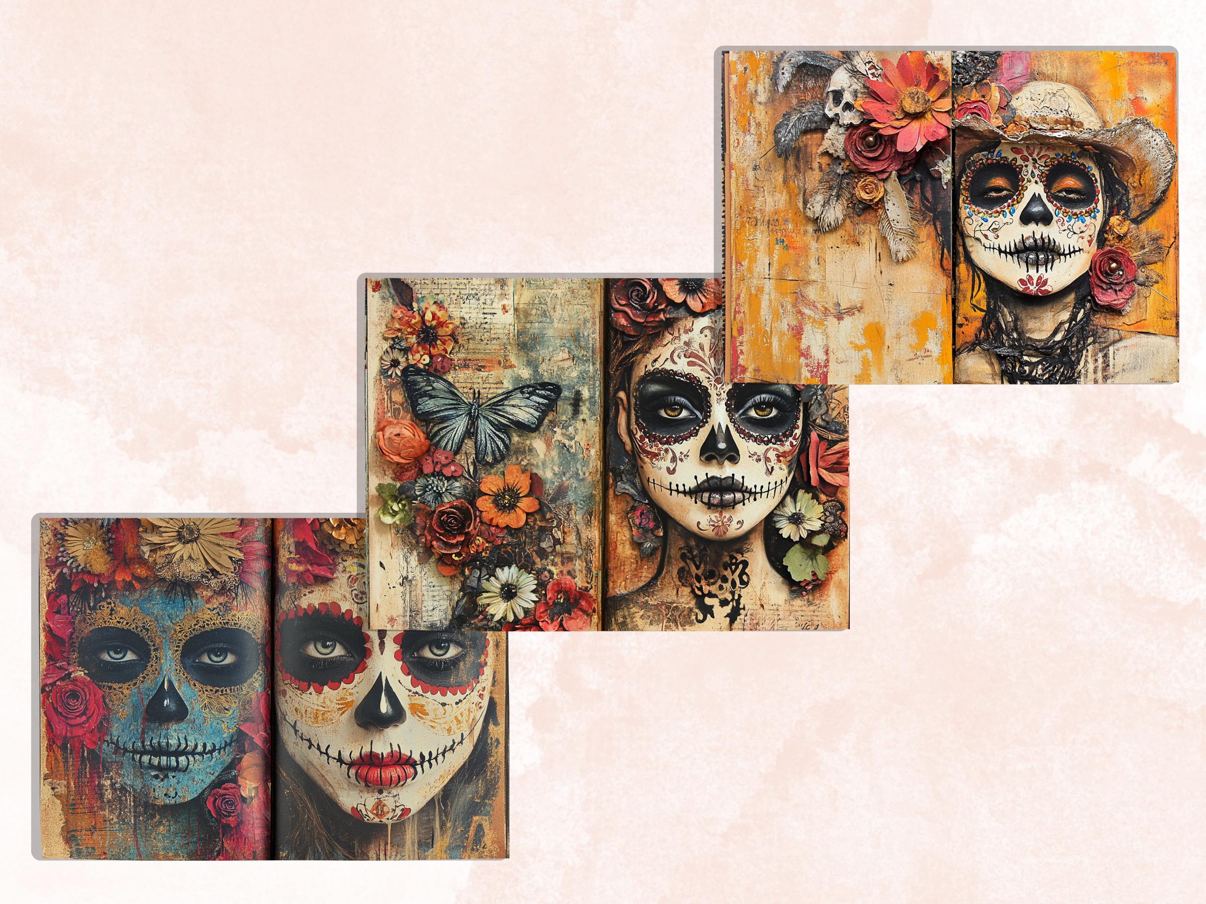 Day of the Dead Mixed Media Paper, Dia de Los Muertos Textures Pages Ephemera Kit, Halloween Collage Scrapbook Paper, Cute Creepy Pages