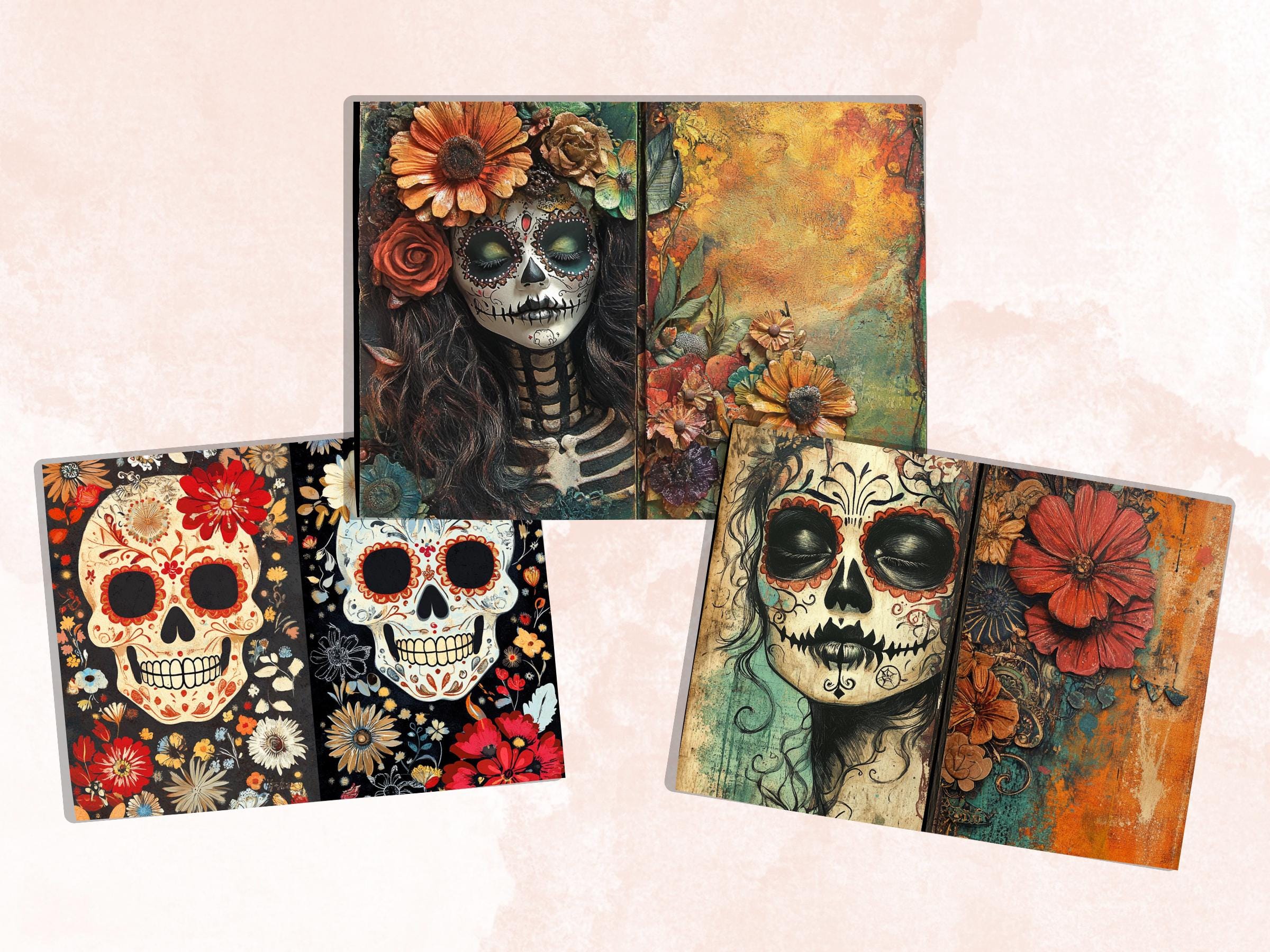 Day of the Dead Mixed Media Paper, Dia de Los Muertos Textures Pages Ephemera Kit, Halloween Collage Scrapbook Paper, Cute Creepy Pages