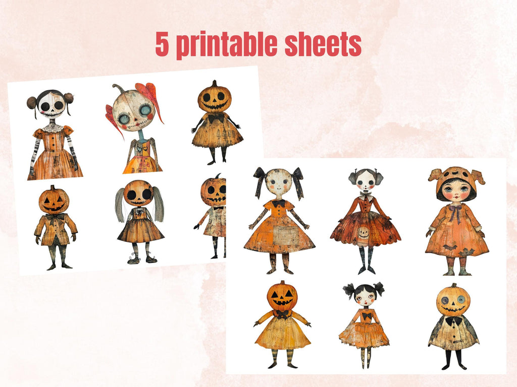 Halloween Doll Mixed Media Clipart, Whimsy Halloween Fussy Cut Collage Sheet, Quirky Cut Out Ephemera, PNG + JPG for Scrapbooking, Journal