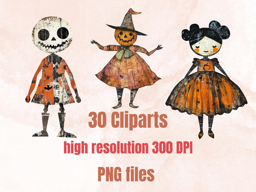 Halloween Doll Mixed Media Clipart, Whimsy Halloween Fussy Cut Collage Sheet, Quirky Cut Out Ephemera, PNG + JPG for Scrapbooking, Journal