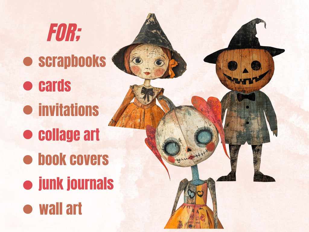 Halloween Doll Mixed Media Clipart, Whimsy Halloween Fussy Cut Collage Sheet, Quirky Cut Out Ephemera, PNG + JPG for Scrapbooking, Journal