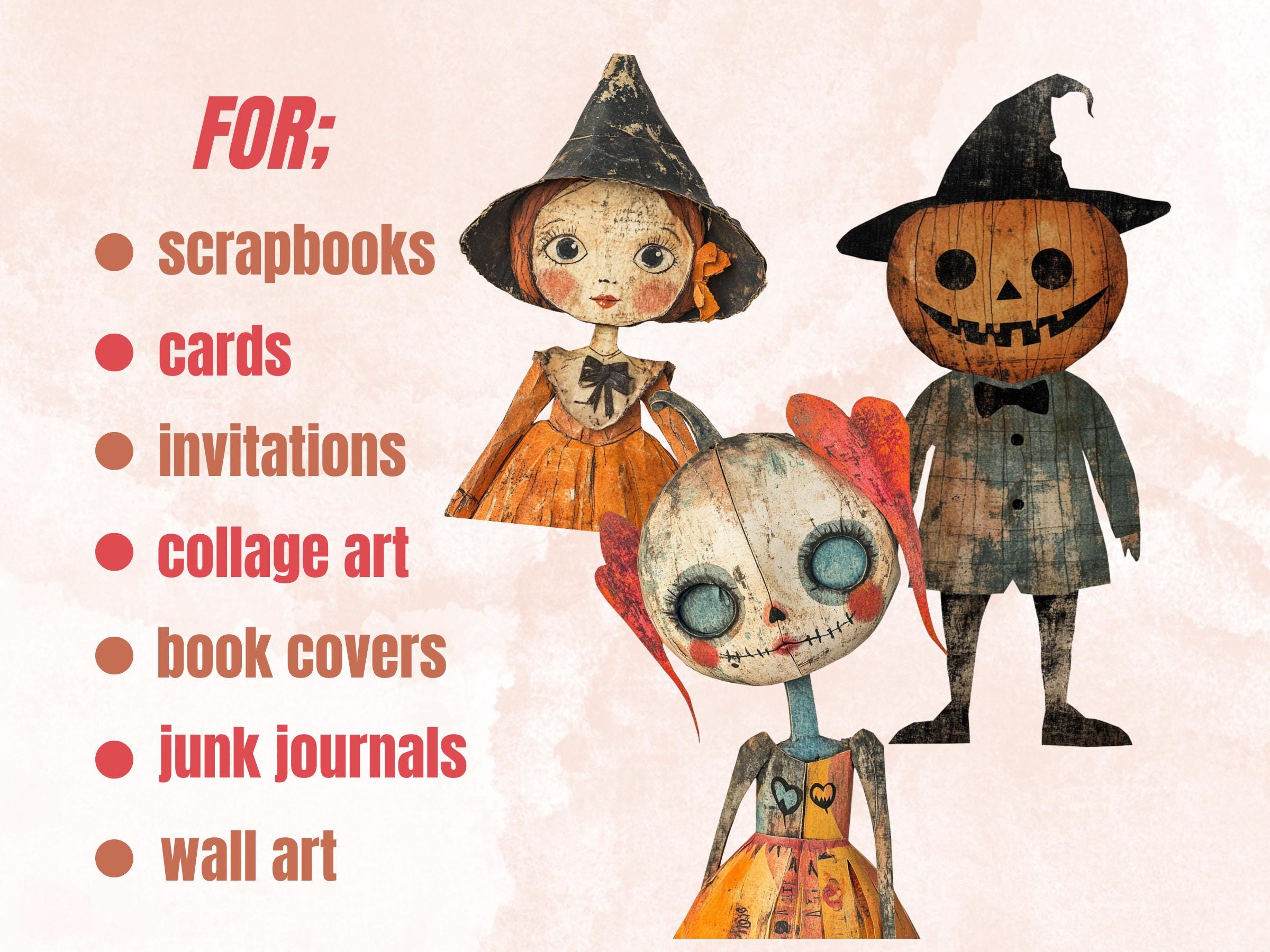 Halloween Doll Mixed Media Clipart, Whimsy Halloween Fussy Cut Collage Sheet, Quirky Cut Out Ephemera, PNG + JPG for Scrapbooking, Journal