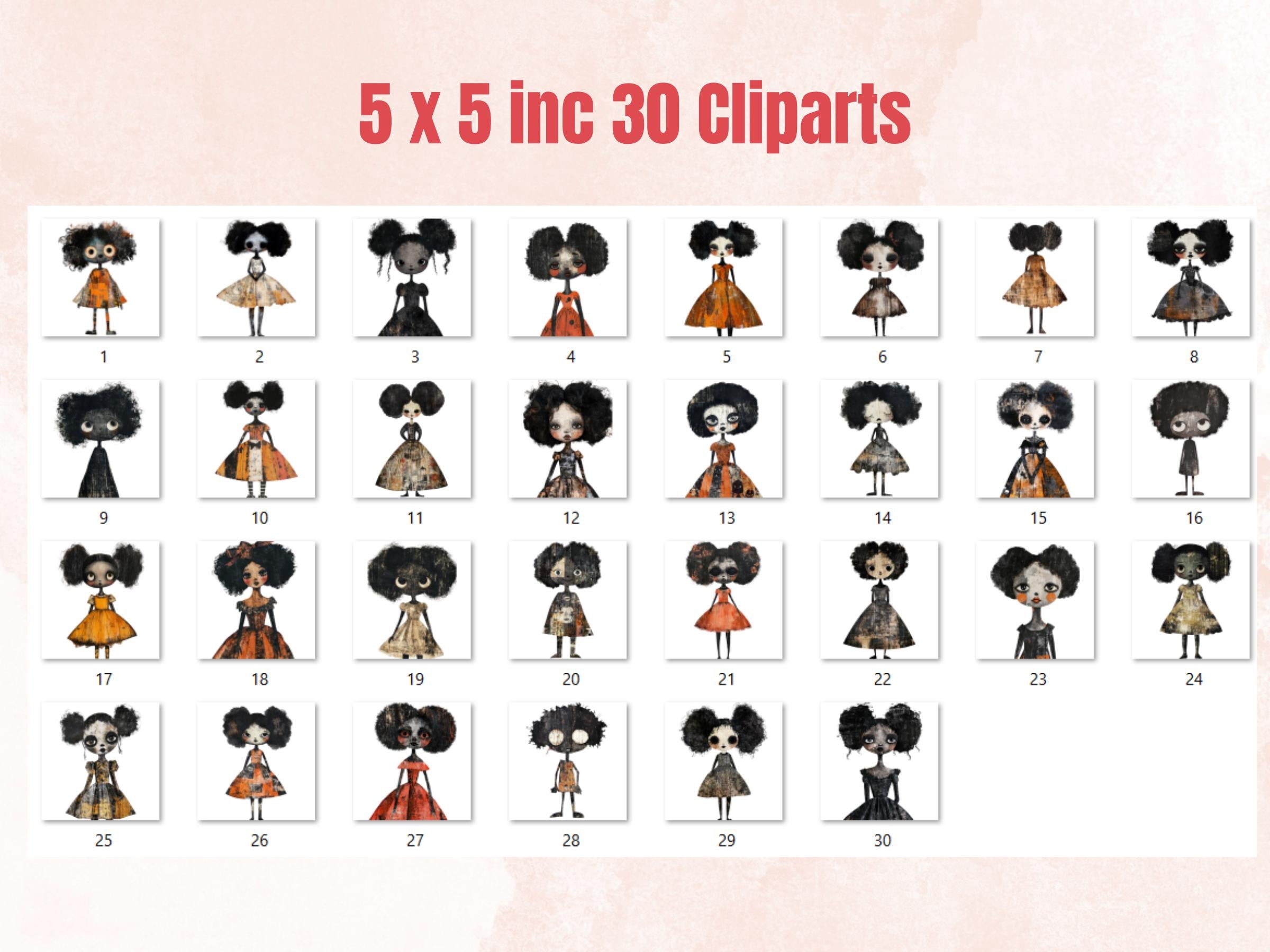 Halloween Afro Doll Mixed Media Clipart, Halloween Black Girl Fussy Cut Collage Sheet, Quirky Cut Out Ephemera, PNG + JPG for Scrapbooking