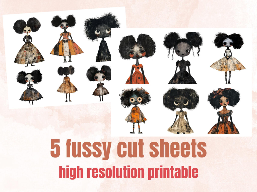Halloween Afro Doll Mixed Media Clipart, Halloween Black Girl Fussy Cut Collage Sheet, Quirky Cut Out Ephemera, PNG + JPG for Scrapbooking