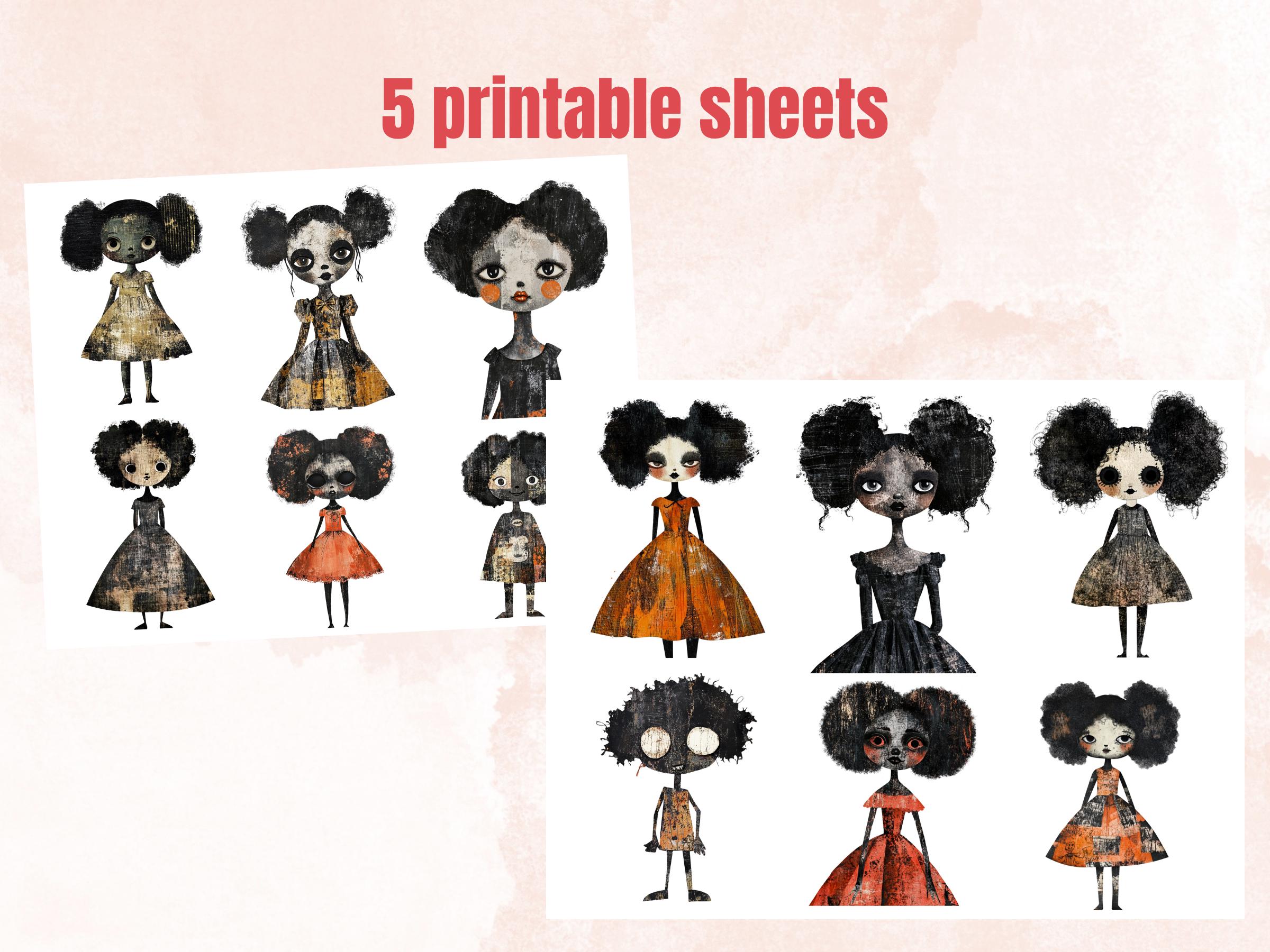 Halloween Afro Doll Mixed Media Clipart, Halloween Black Girl Fussy Cut Collage Sheet, Quirky Cut Out Ephemera, PNG + JPG for Scrapbooking