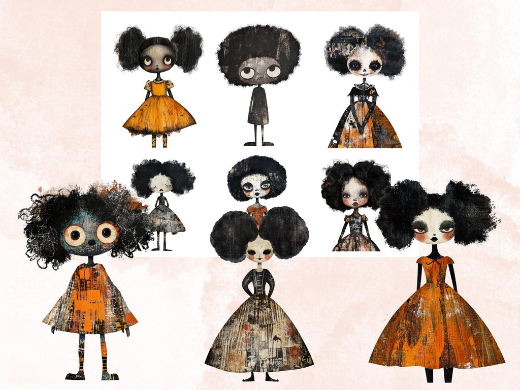 Halloween Afro Doll Mixed Media Clipart, Halloween Black Girl Fussy Cut Collage Sheet, Quirky Cut Out Ephemera, PNG + JPG for Scrapbooking