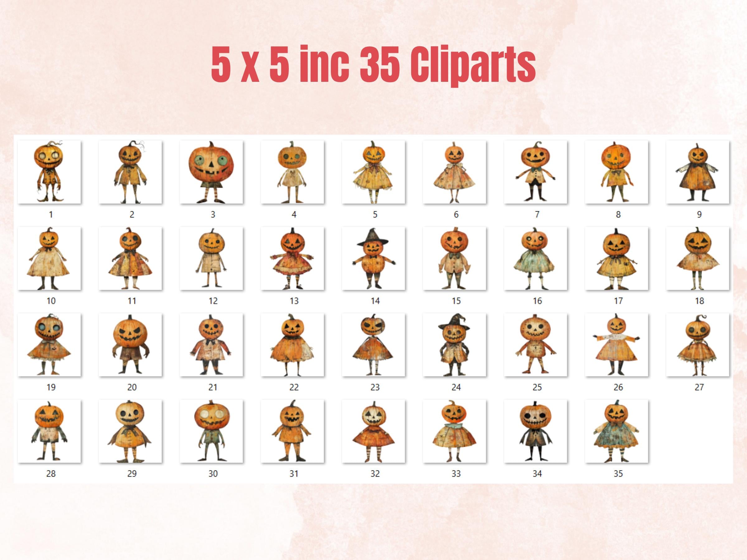 Halloween Pumpkin Doll Mixed Media Clipart, Whimsy Pumpkin Fussy Cut Collage Sheet, Quirky Cut Out Ephemera, PNG + JPG for Scrapbooking