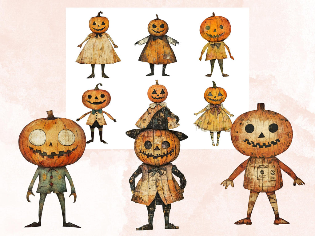 Halloween Pumpkin Doll Mixed Media Clipart, Whimsy Pumpkin Fussy Cut Collage Sheet, Quirky Cut Out Ephemera, PNG + JPG for Scrapbooking