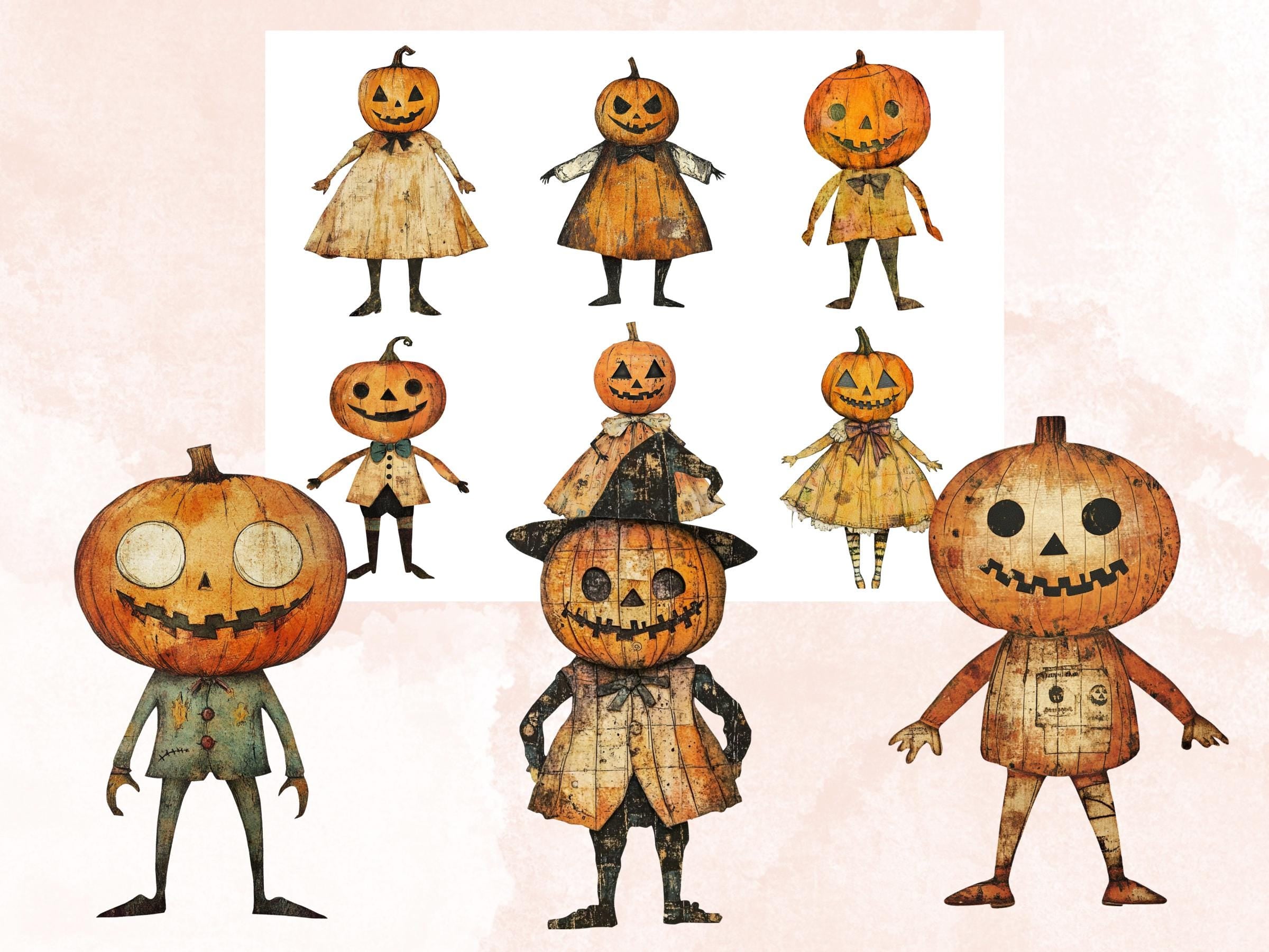Halloween Pumpkin Doll Mixed Media Clipart, Whimsy Pumpkin Fussy Cut Collage Sheet, Quirky Cut Out Ephemera, PNG + JPG for Scrapbooking