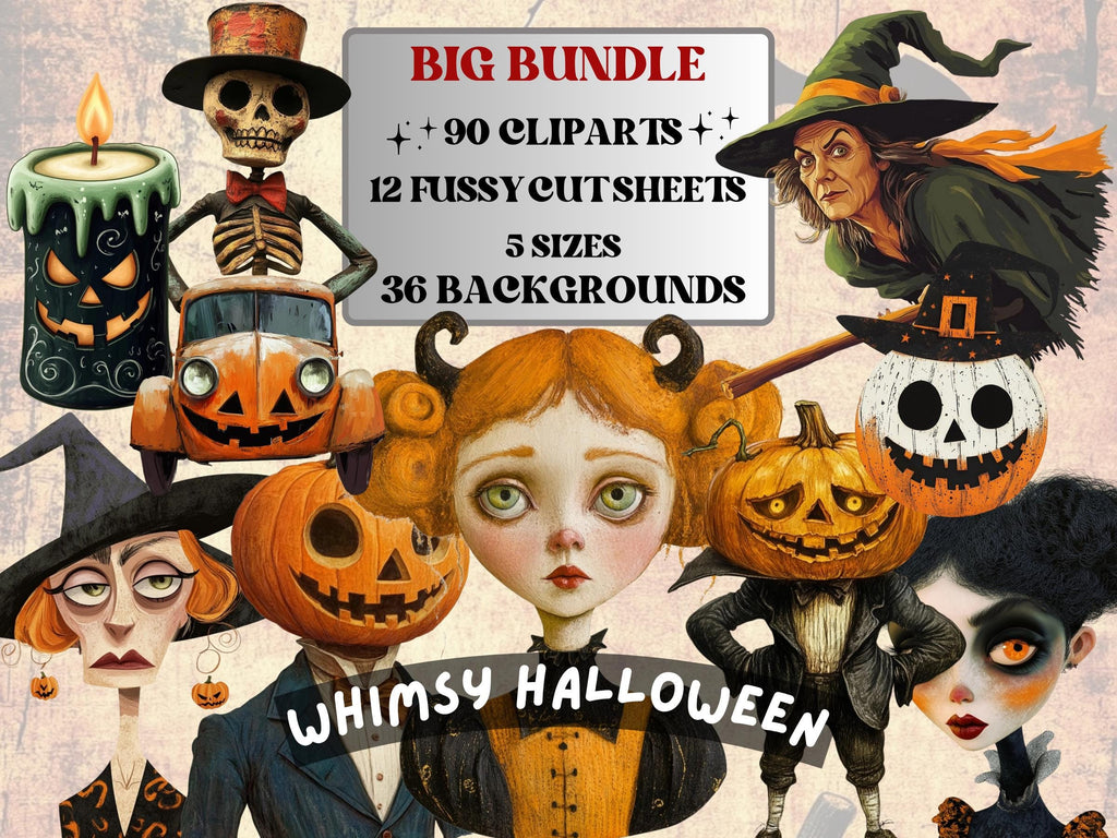 Whimsy Halloween collage elements bundle with quirky spooky characters for mixed-media journals