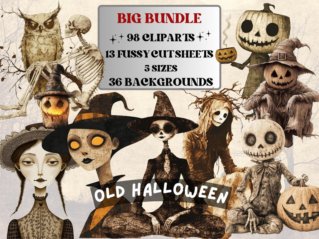 Old Halloween Collage Elements Bundle, Halloween Ephemera Fussy Cut, Vintage Spooky Clipart, Whimsical Junk Journal, Mixed Media Art Sheet