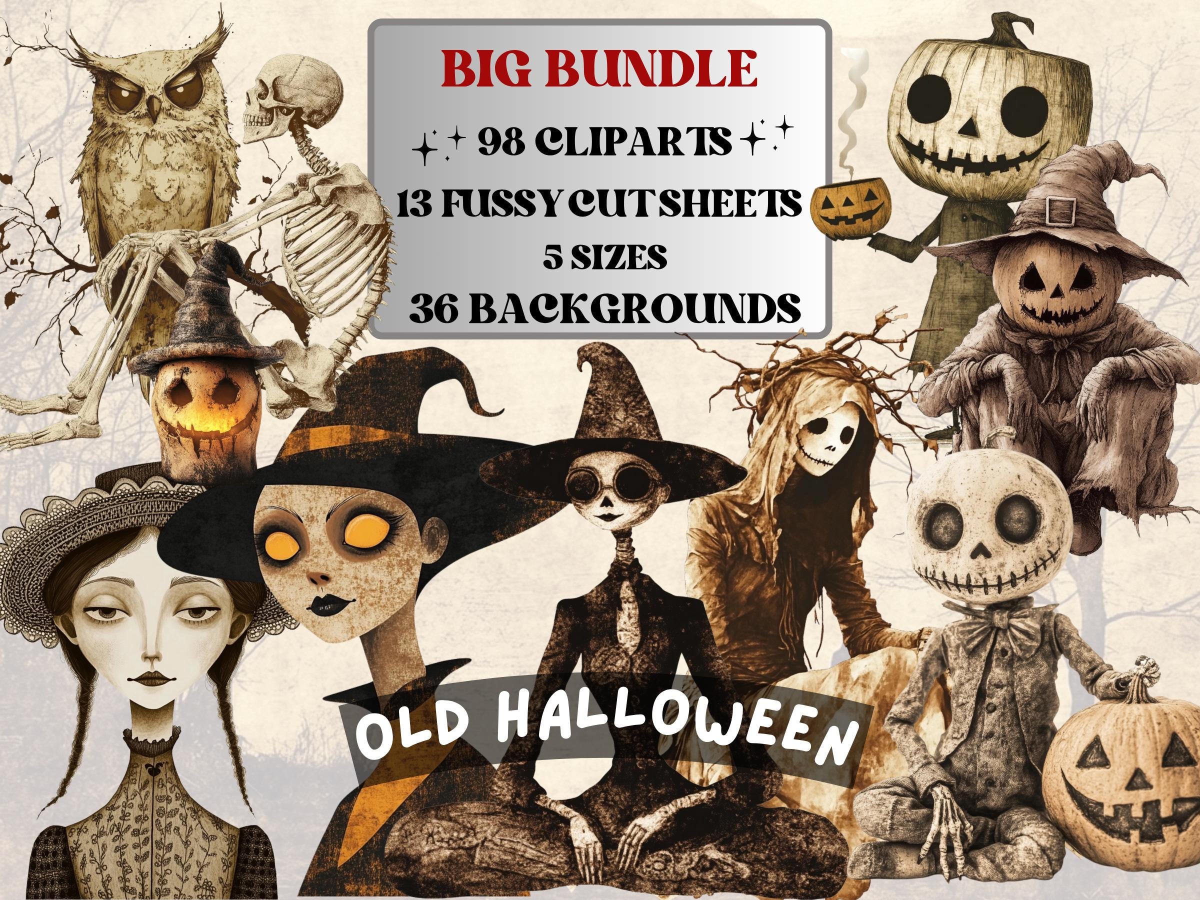 Old Halloween Collage Elements Bundle, Halloween Ephemera Fussy Cut, Vintage Spooky Clipart, Whimsical Junk Journal, Mixed Media Art Sheet