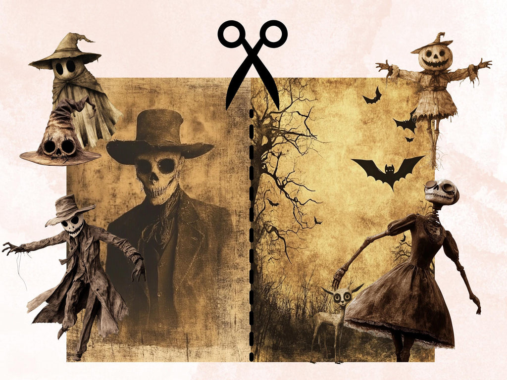Old Halloween Collage Elements Bundle, Halloween Ephemera Fussy Cut, Vintage Spooky Clipart, Whimsical Junk Journal, Mixed Media Art Sheet