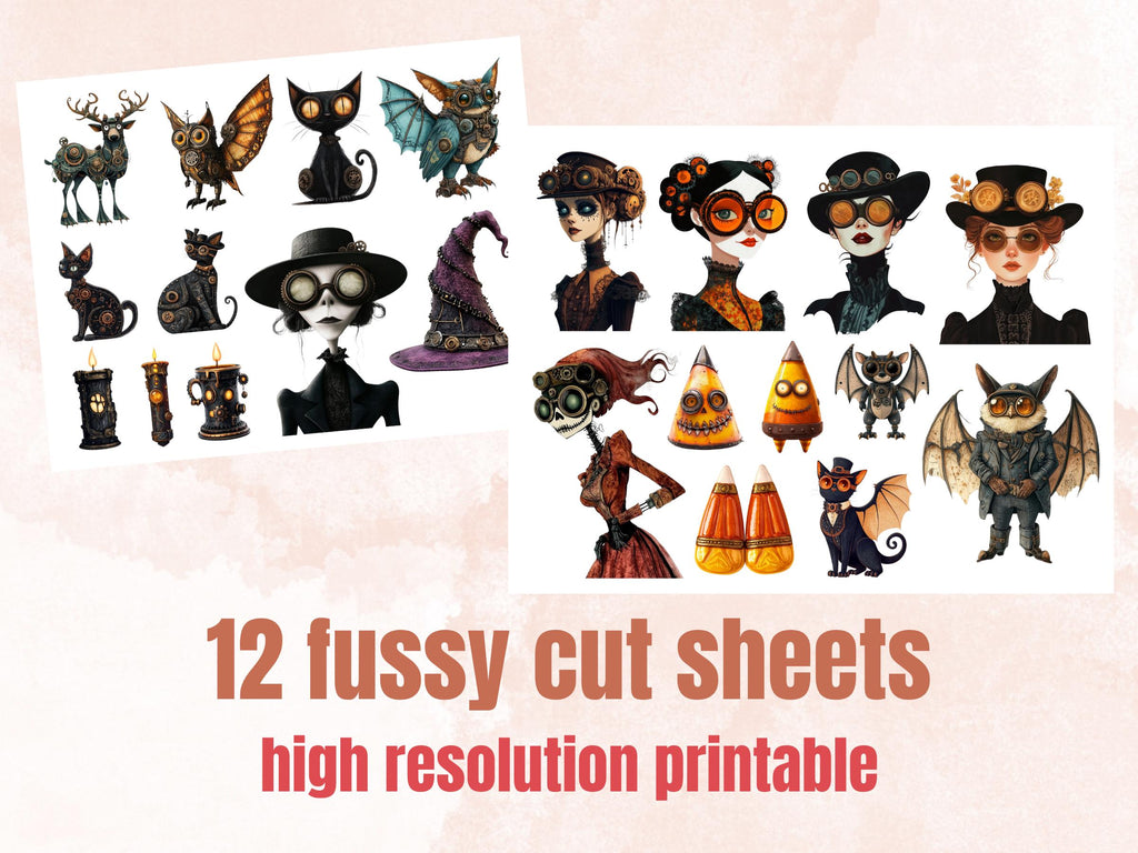 Steampunk Halloween Collage Elements Bundle, Industrial Halloween Fussy Cut, Quirky Spooky Clipart, Whimsy Junk Journal, Mixed Media Sheet