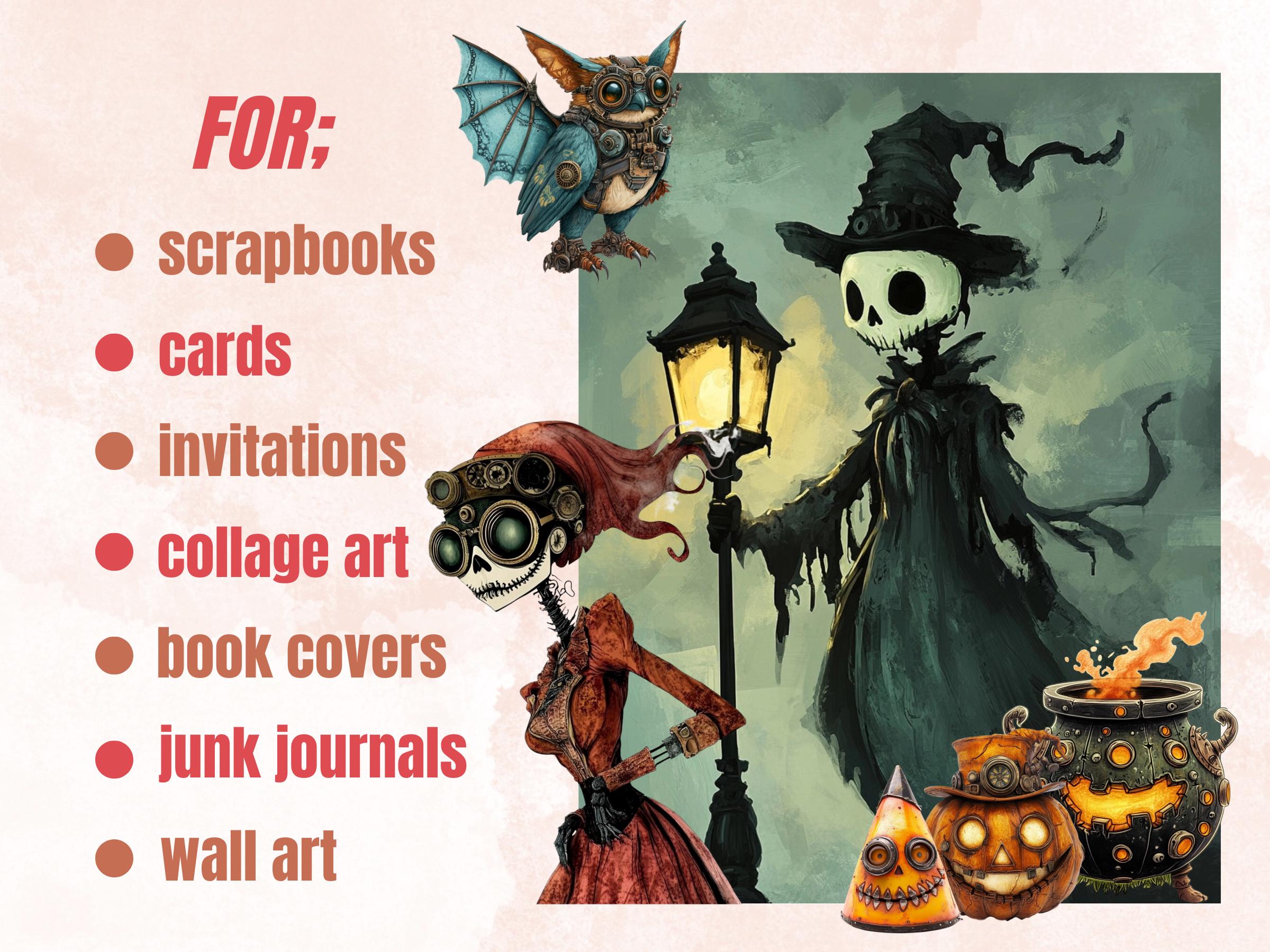 Steampunk Halloween Collage Elements Bundle, Industrial Halloween Fussy Cut, Quirky Spooky Clipart, Whimsy Junk Journal, Mixed Media Sheet