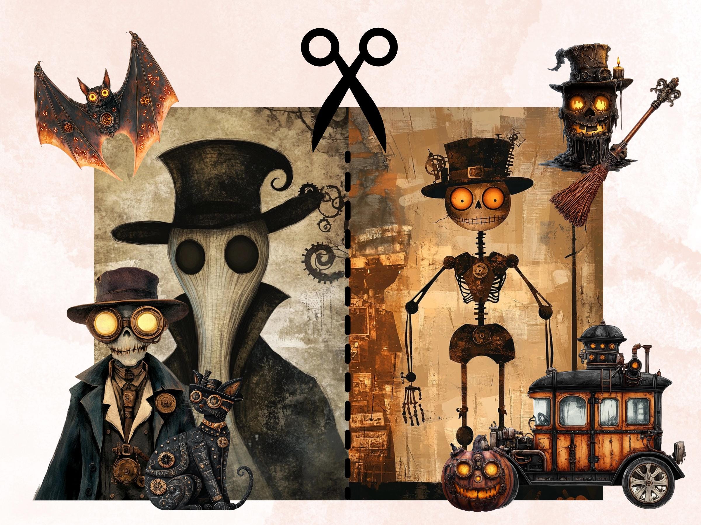 Steampunk Halloween Collage Elements Bundle, Industrial Halloween Fussy Cut, Quirky Spooky Clipart, Whimsy Junk Journal, Mixed Media Sheet