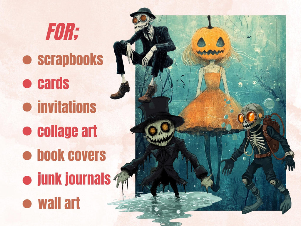 Underwater Halloween Collage Elements Bundle, Under the Sea Halloween Fussy Cut, Creepy Ocean Clipart, Whimsy Junk Journal, Mixed Media Art