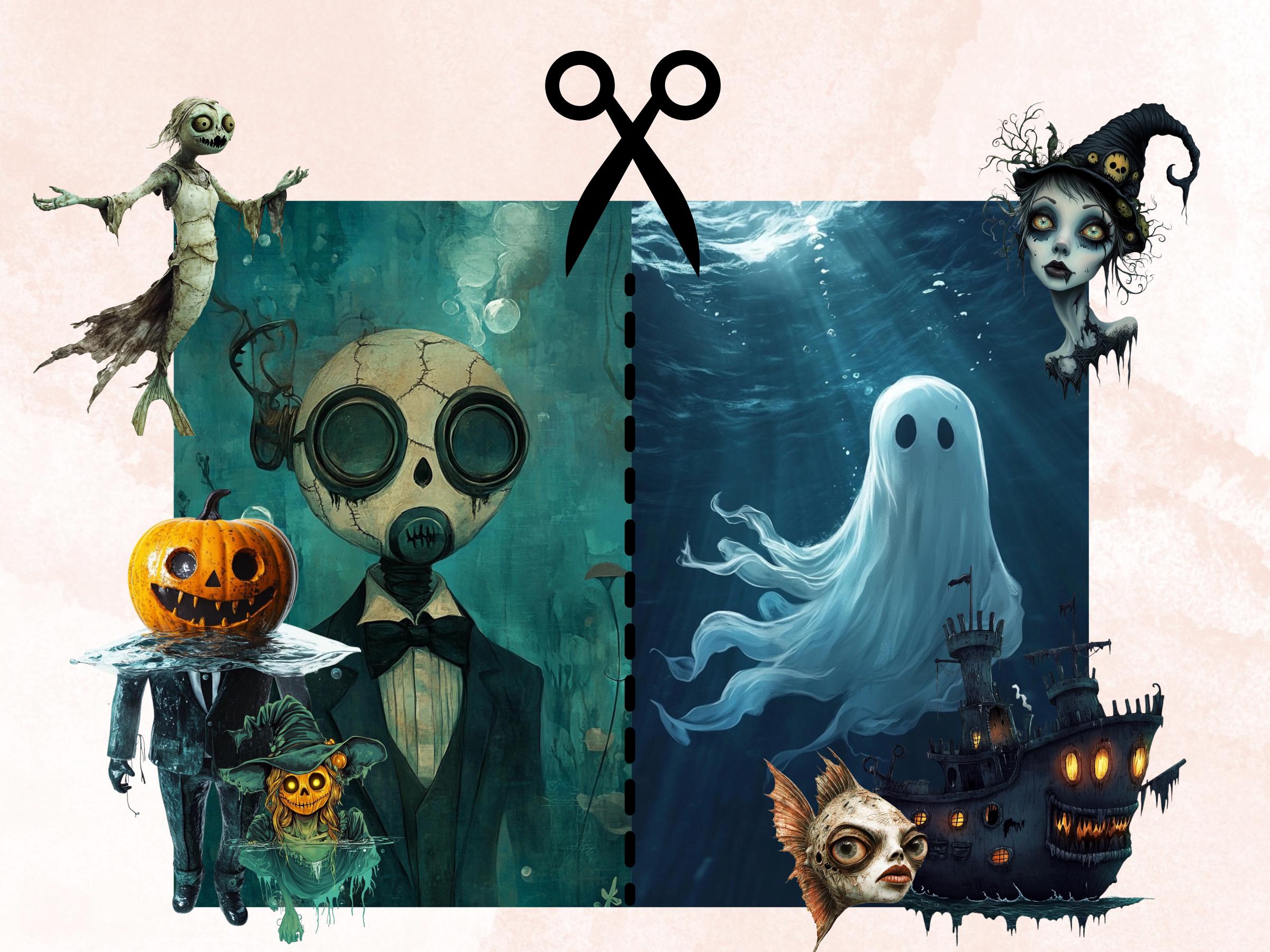 Underwater Halloween Collage Elements Bundle, Under the Sea Halloween Fussy Cut, Creepy Ocean Clipart, Whimsy Junk Journal, Mixed Media Art