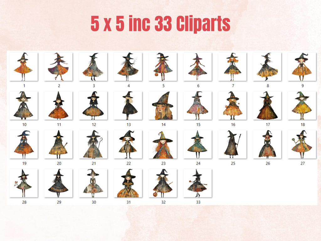 Halloween Witch Doll Mixed Media Clipart, Whimsy Witchcraft Fussy Cut Collage Sheet, Quirky Cut Out Ephemera, PNG + JPG for Scrapbooking