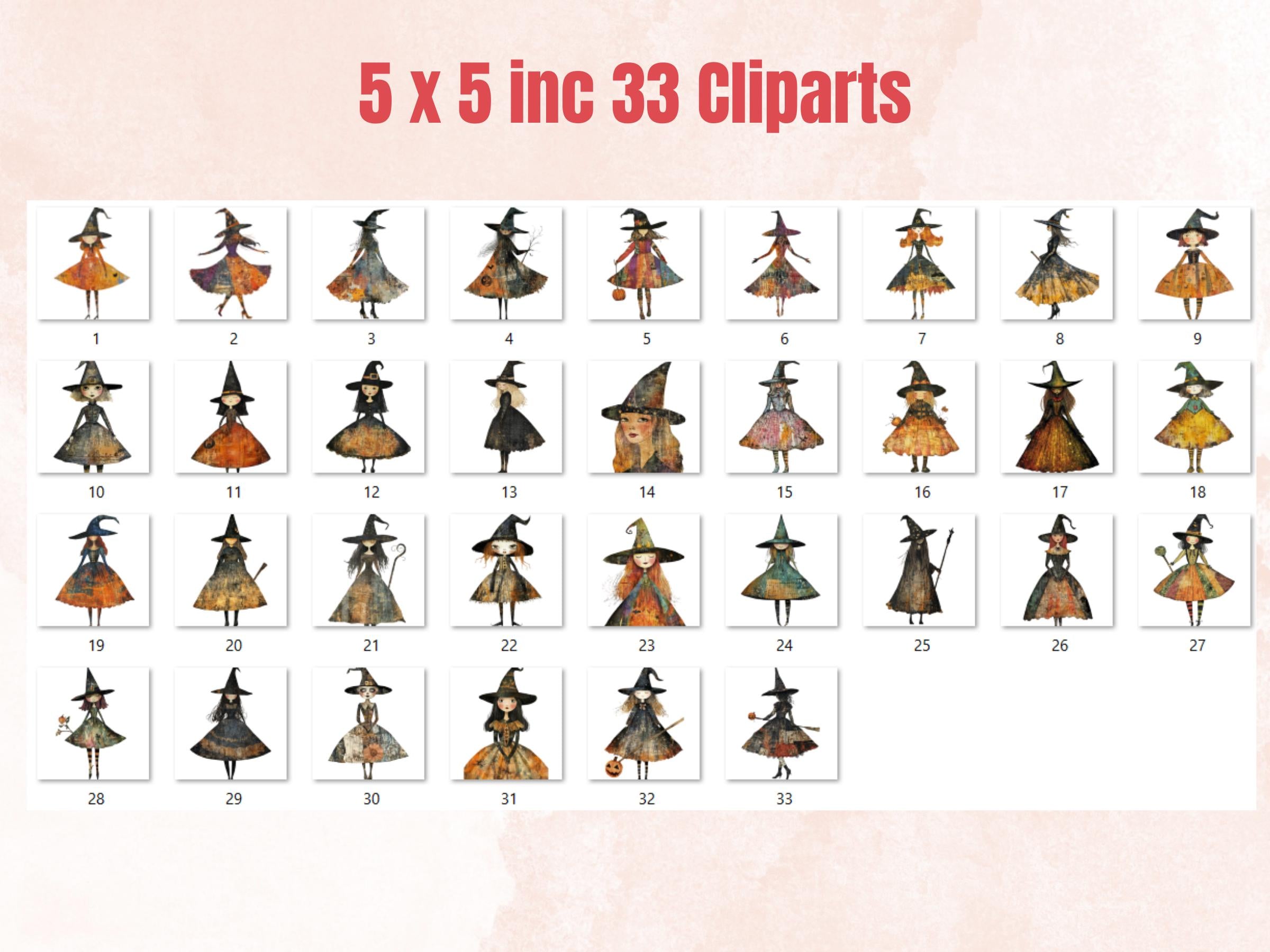 Halloween Witch Doll Mixed Media Clipart, Whimsy Witchcraft Fussy Cut Collage Sheet, Quirky Cut Out Ephemera, PNG + JPG for Scrapbooking