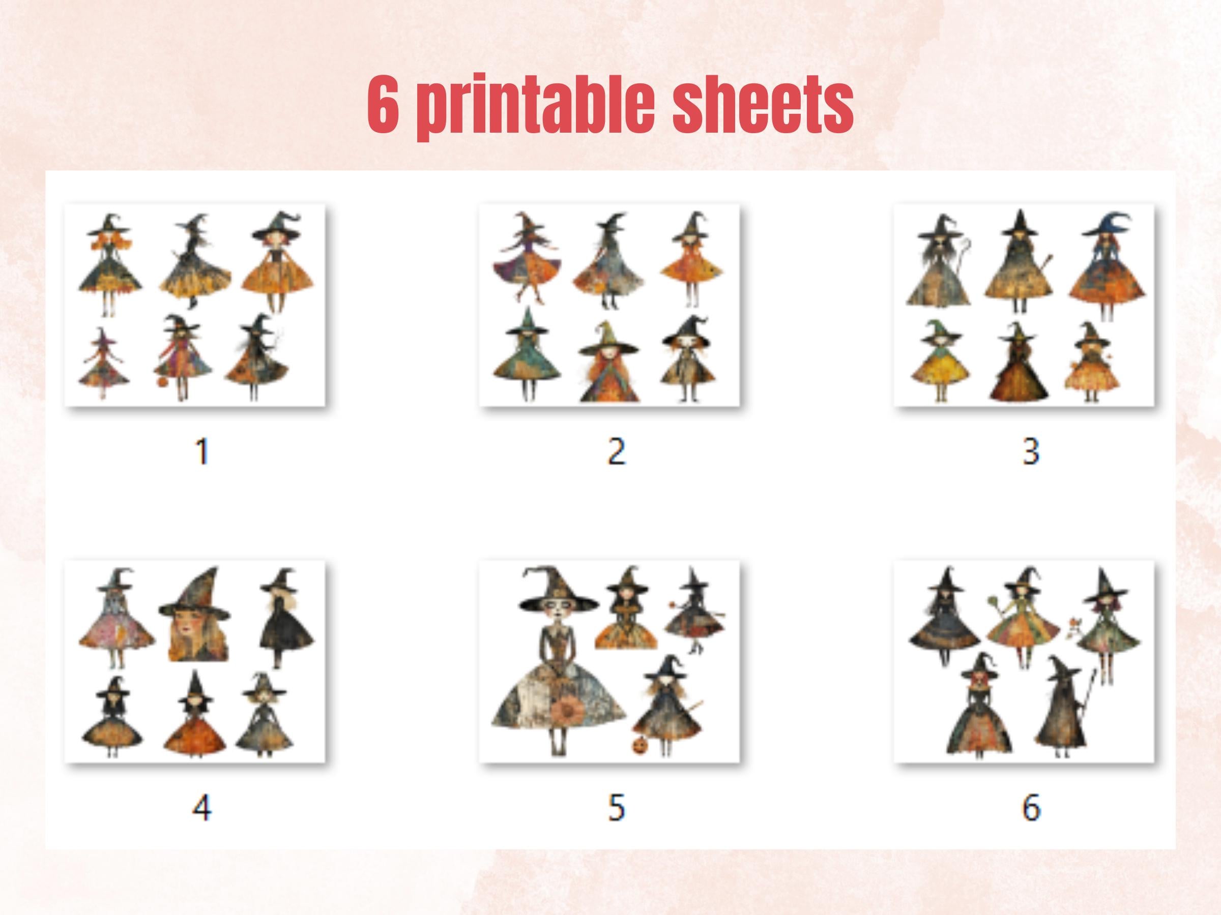 Halloween Witch Doll Mixed Media Clipart, Whimsy Witchcraft Fussy Cut Collage Sheet, Quirky Cut Out Ephemera, PNG + JPG for Scrapbooking
