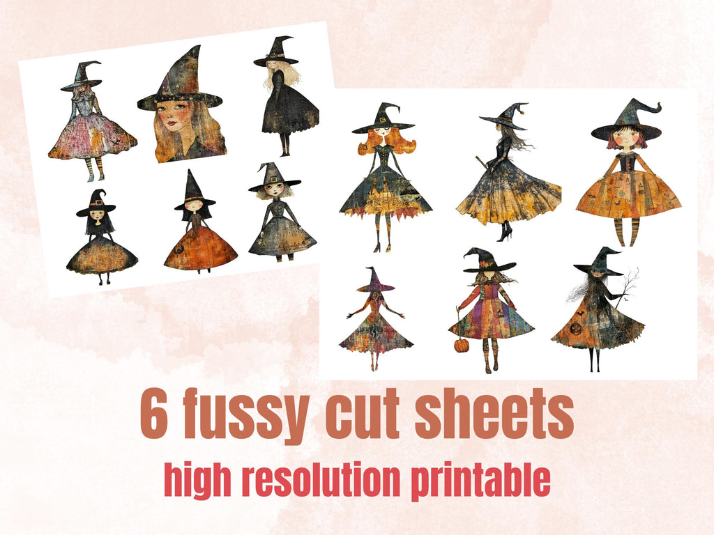 Halloween Witch Doll Mixed Media Clipart, Whimsy Witchcraft Fussy Cut Collage Sheet, Quirky Cut Out Ephemera, PNG + JPG for Scrapbooking