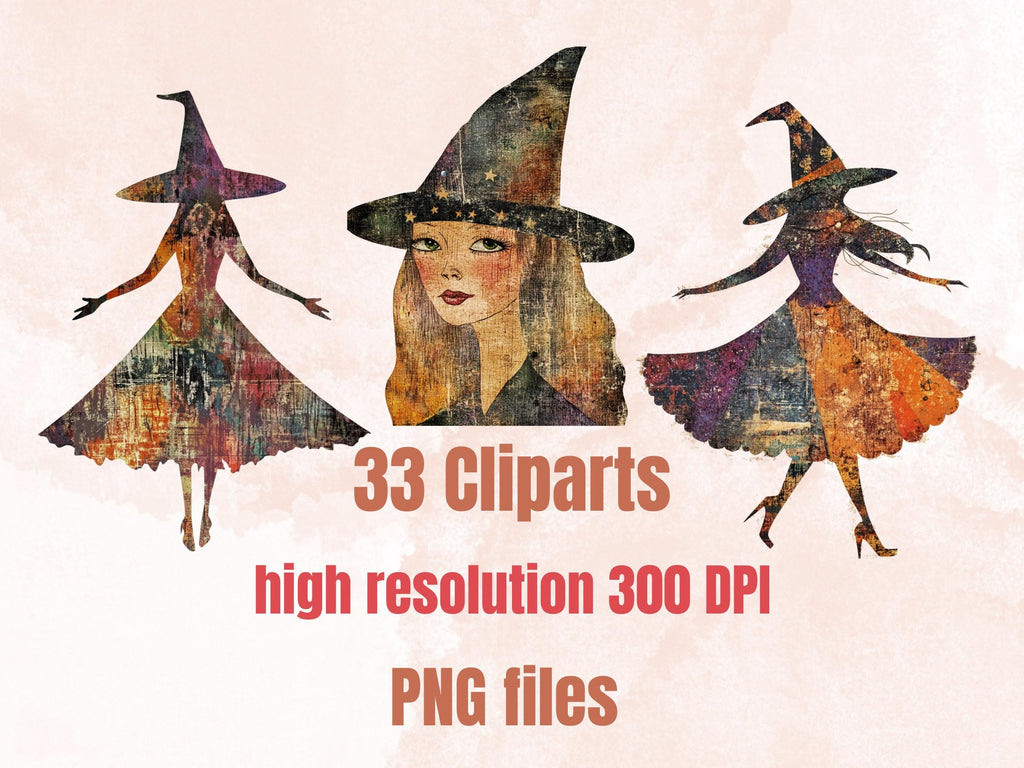 Halloween Witch Doll Mixed Media Clipart, Whimsy Witchcraft Fussy Cut Collage Sheet, Quirky Cut Out Ephemera, PNG + JPG for Scrapbooking