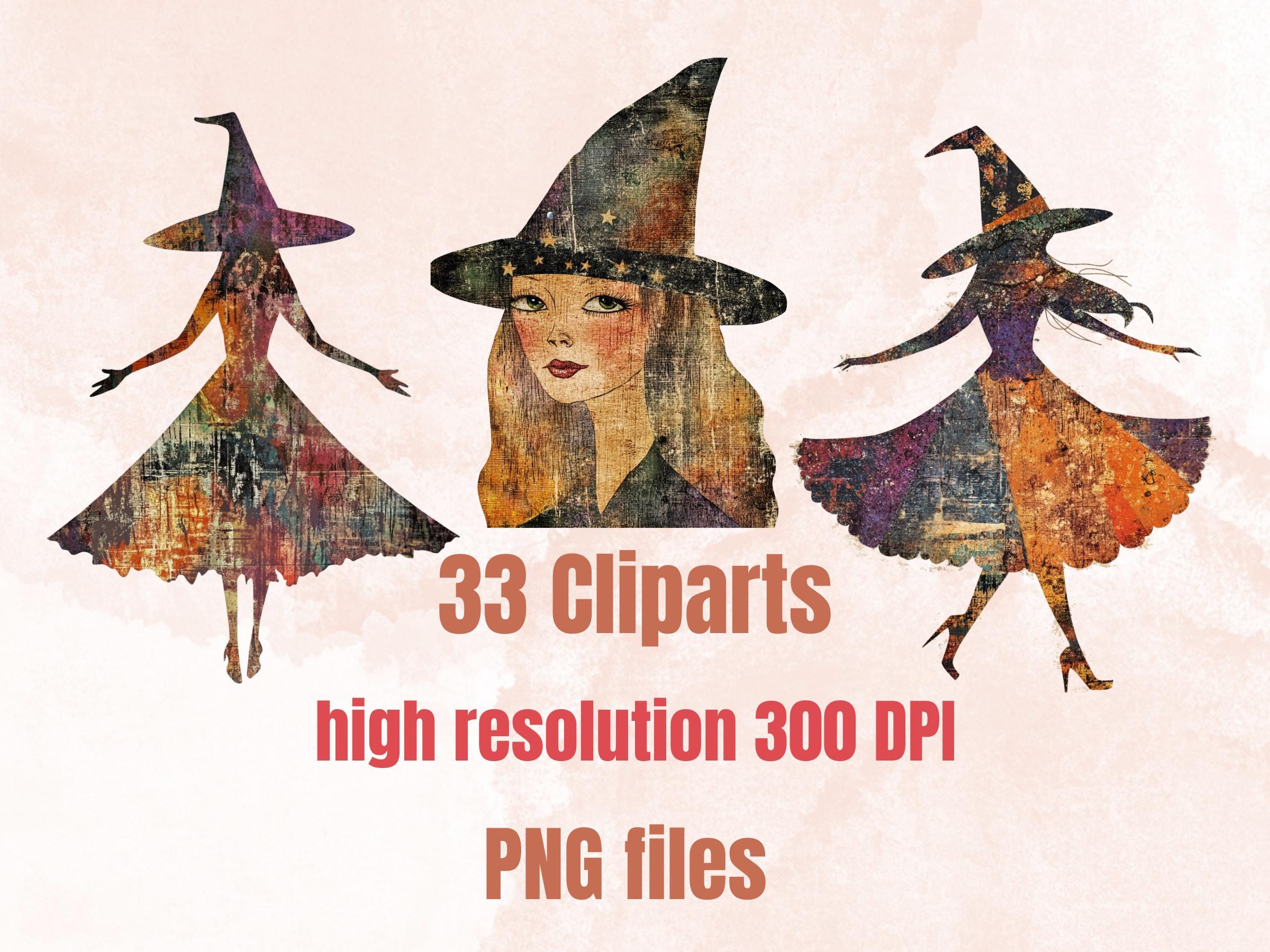 Halloween Witch Doll Mixed Media Clipart, Whimsy Witchcraft Fussy Cut Collage Sheet, Quirky Cut Out Ephemera, PNG + JPG for Scrapbooking