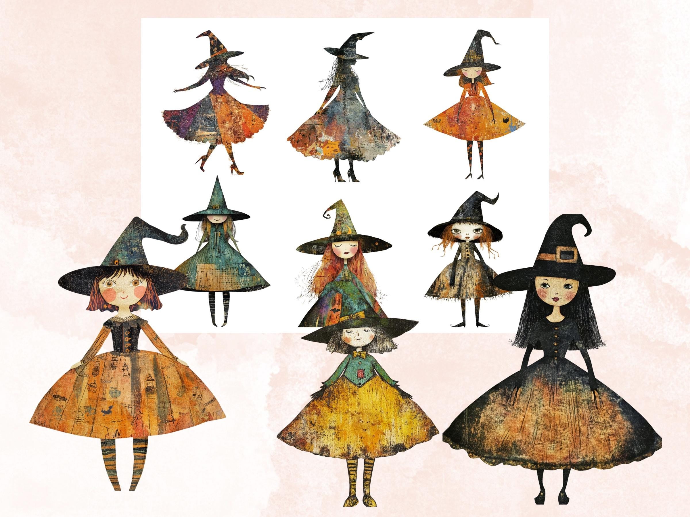 Halloween Witch Doll Mixed Media Clipart, Whimsy Witchcraft Fussy Cut Collage Sheet, Quirky Cut Out Ephemera, PNG + JPG for Scrapbooking
