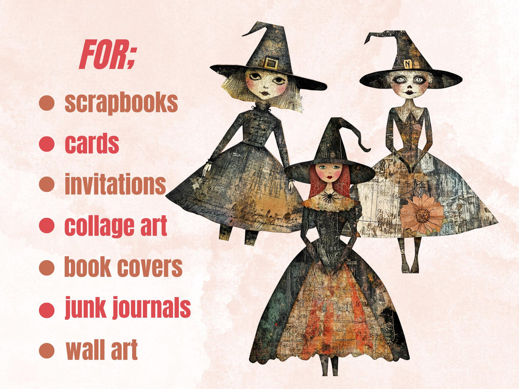 Halloween Witch Doll Mixed Media Clipart, Whimsy Witchcraft Fussy Cut Collage Sheet, Quirky Cut Out Ephemera, PNG + JPG for Scrapbooking
