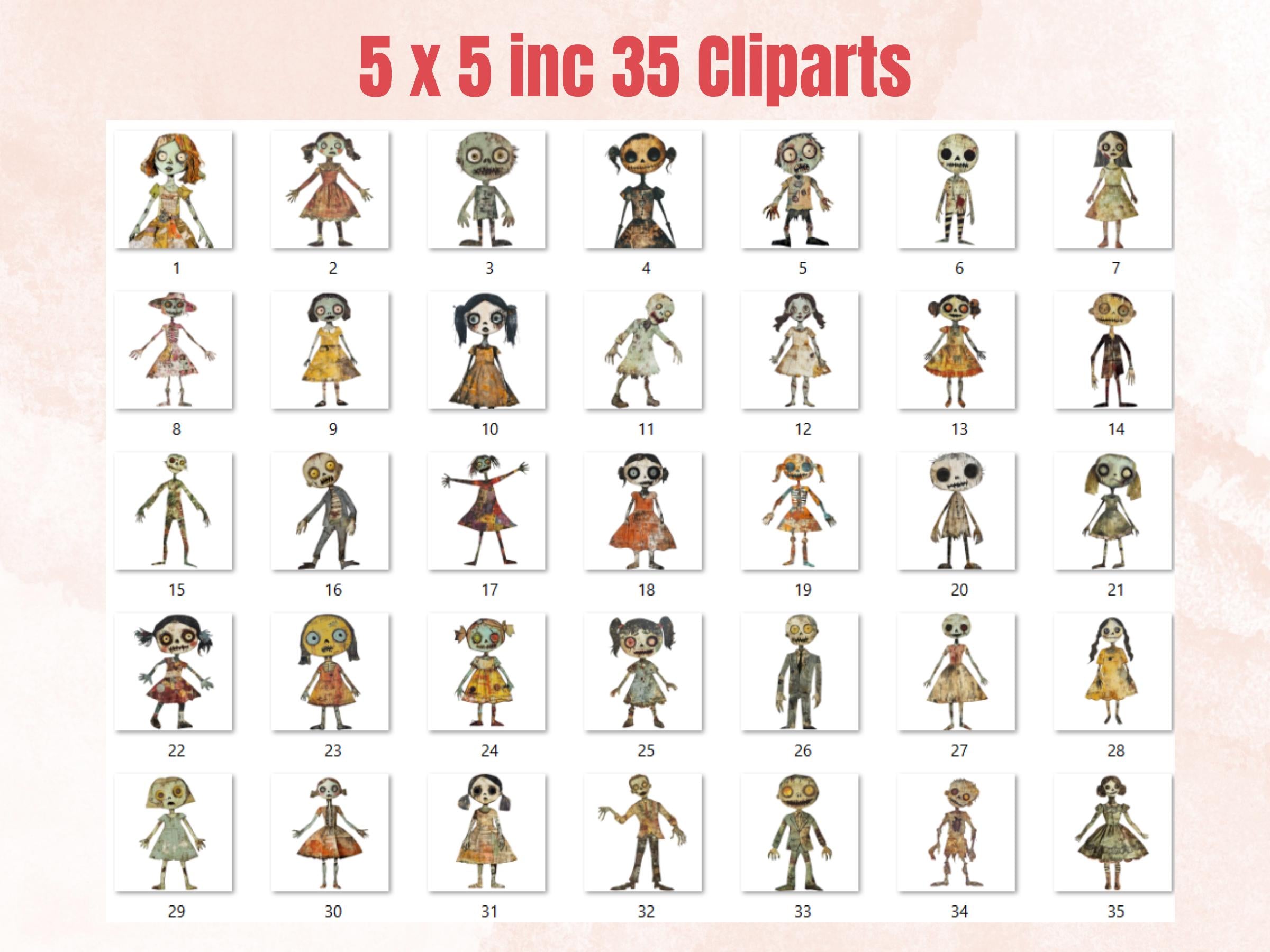 Halloween Zombie Doll Mixed Media Clipart, Spooky Zombie Fussy Cut Collage Sheet, Quirky Cut Out Ephemera, PNG + JPG for Scrapbooking