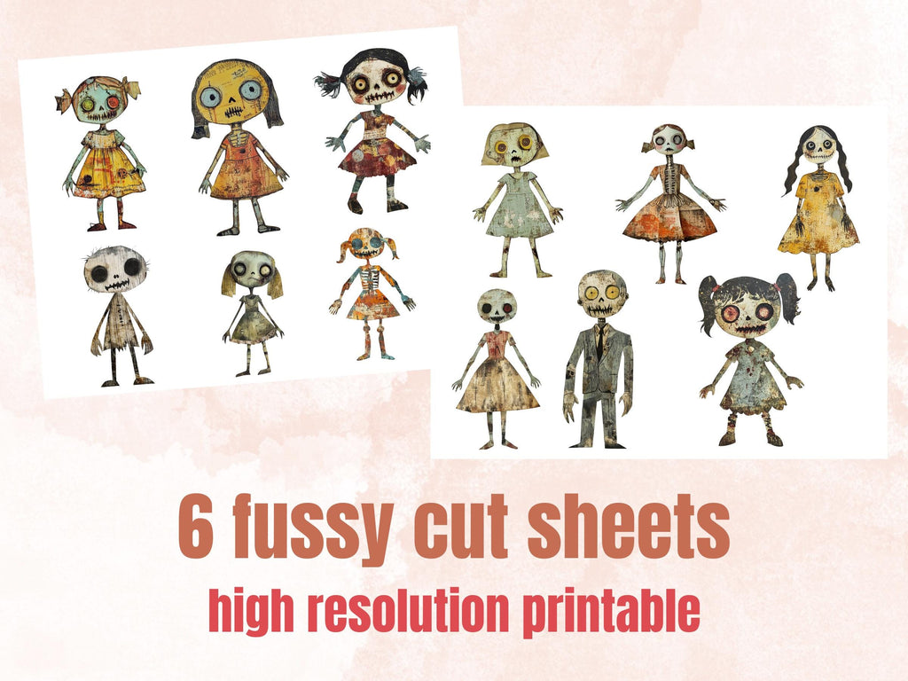 Halloween Zombie Doll Mixed Media Clipart, Spooky Zombie Fussy Cut Collage Sheet, Quirky Cut Out Ephemera, PNG + JPG for Scrapbooking