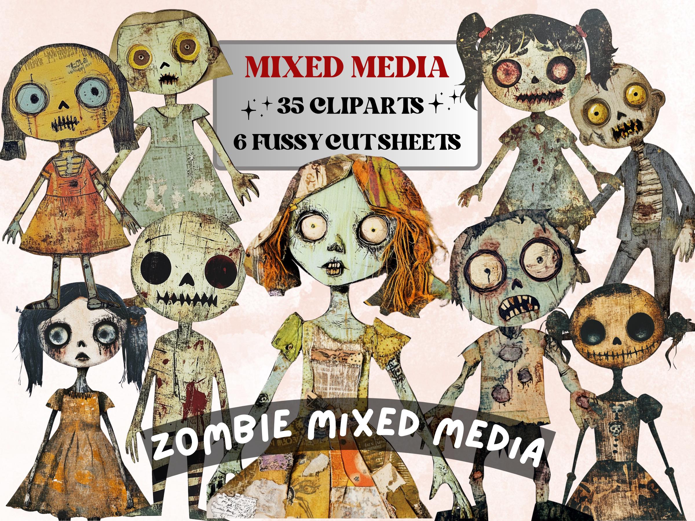 Halloween Zombie Doll Mixed Media Clipart, Spooky Zombie Fussy Cut Collage Sheet, Quirky Cut Out Ephemera, PNG + JPG for Scrapbooking