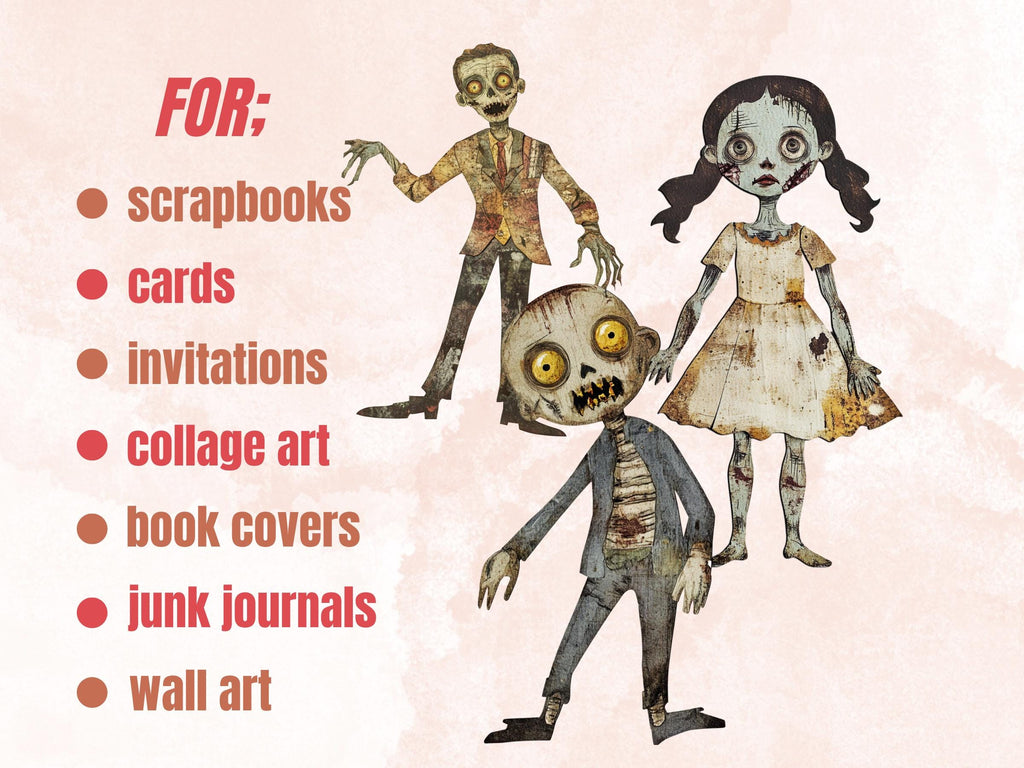 Halloween Zombie Doll Mixed Media Clipart, Spooky Zombie Fussy Cut Collage Sheet, Quirky Cut Out Ephemera, PNG + JPG for Scrapbooking