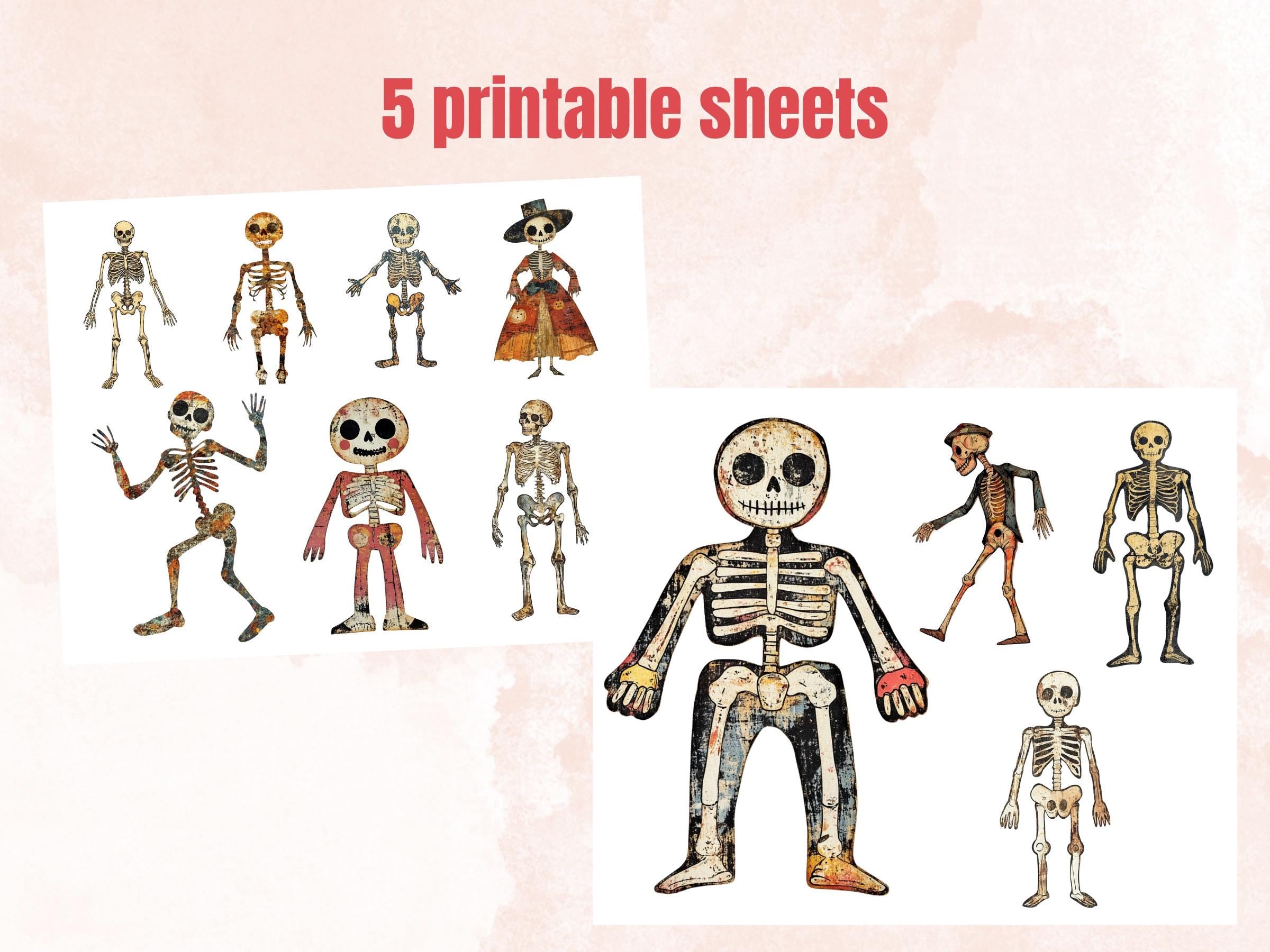 Halloween Skeleton Mixed Media Clipart, Spooky Skeleton Doll Fussy Cut Collage Sheet, Quirky Cut Out Ephemera, PNG + JPG for Scrapbooking
