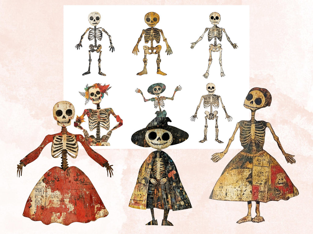 Halloween Skeleton Mixed Media Clipart, Spooky Skeleton Doll Fussy Cut Collage Sheet, Quirky Cut Out Ephemera, PNG + JPG for Scrapbooking