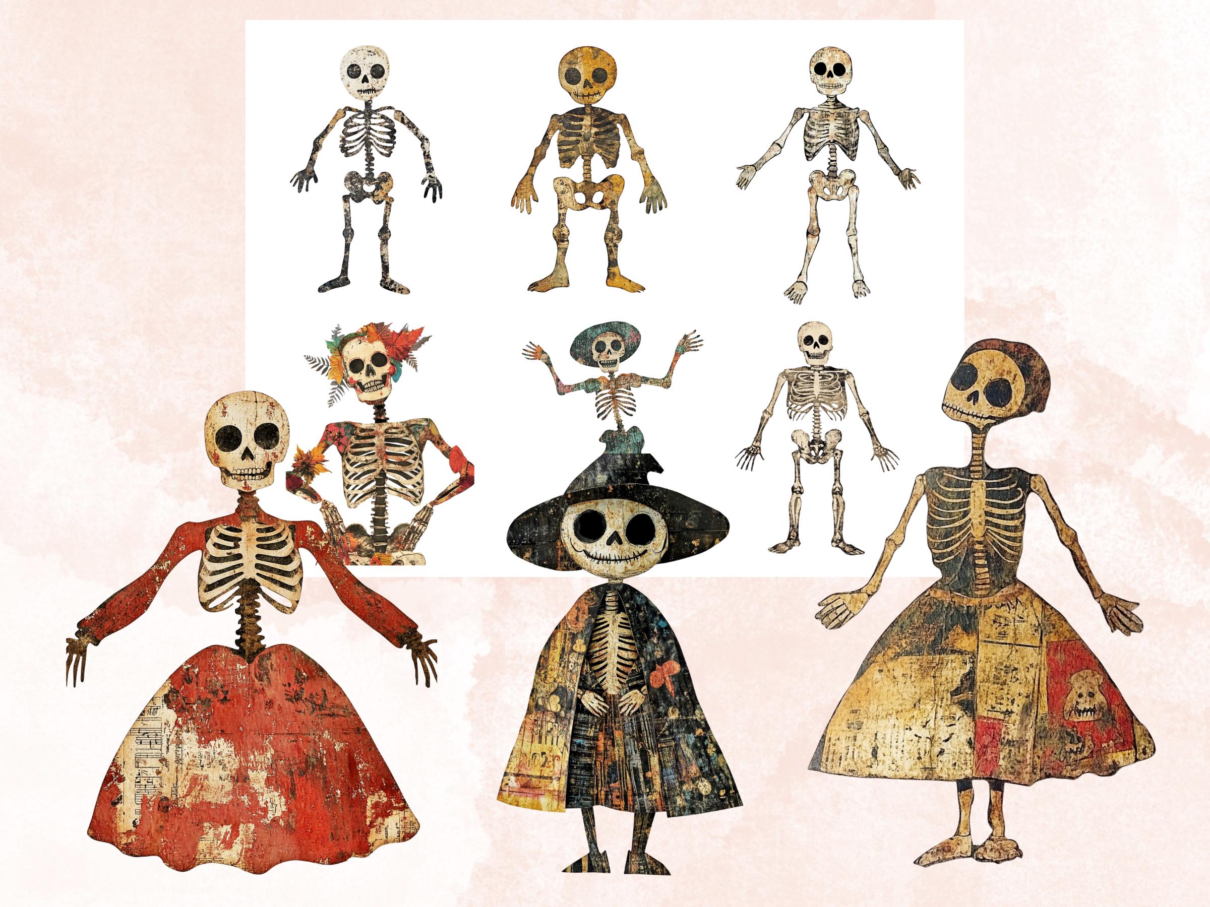 Halloween Skeleton Mixed Media Clipart, Spooky Skeleton Doll Fussy Cut Collage Sheet, Quirky Cut Out Ephemera, PNG + JPG for Scrapbooking