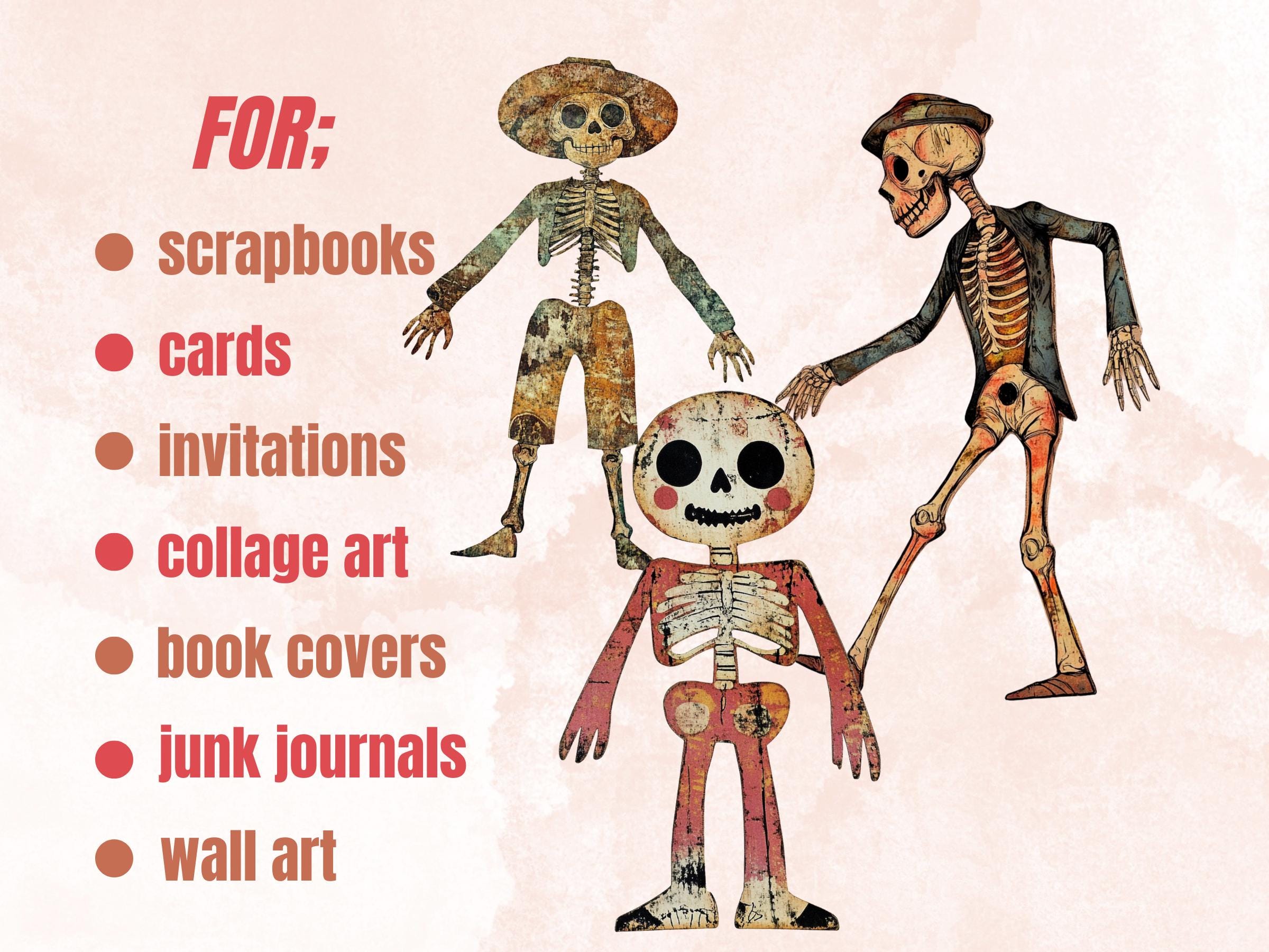Halloween Skeleton Mixed Media Clipart, Spooky Skeleton Doll Fussy Cut Collage Sheet, Quirky Cut Out Ephemera, PNG + JPG for Scrapbooking