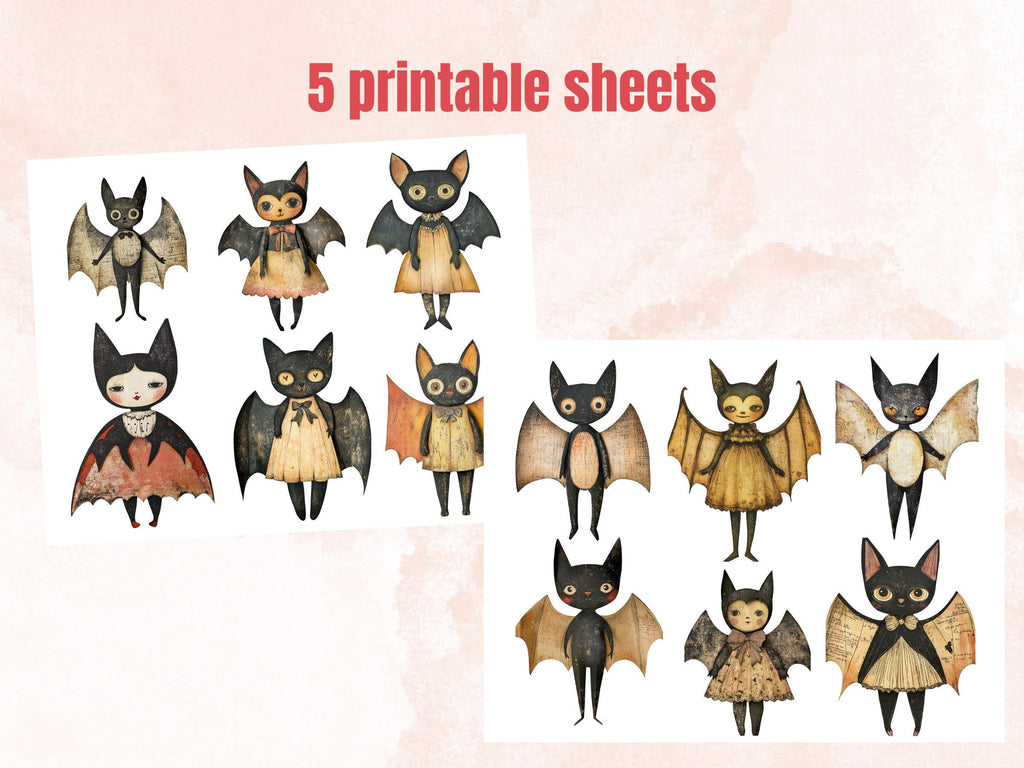 Halloween Bat Paper Doll Mixed Media Clipart, Whimsical Bat Fussy Cut Collage Sheet, Quirky Cut Out Ephemera, PNG + JPG for Scrapbooking