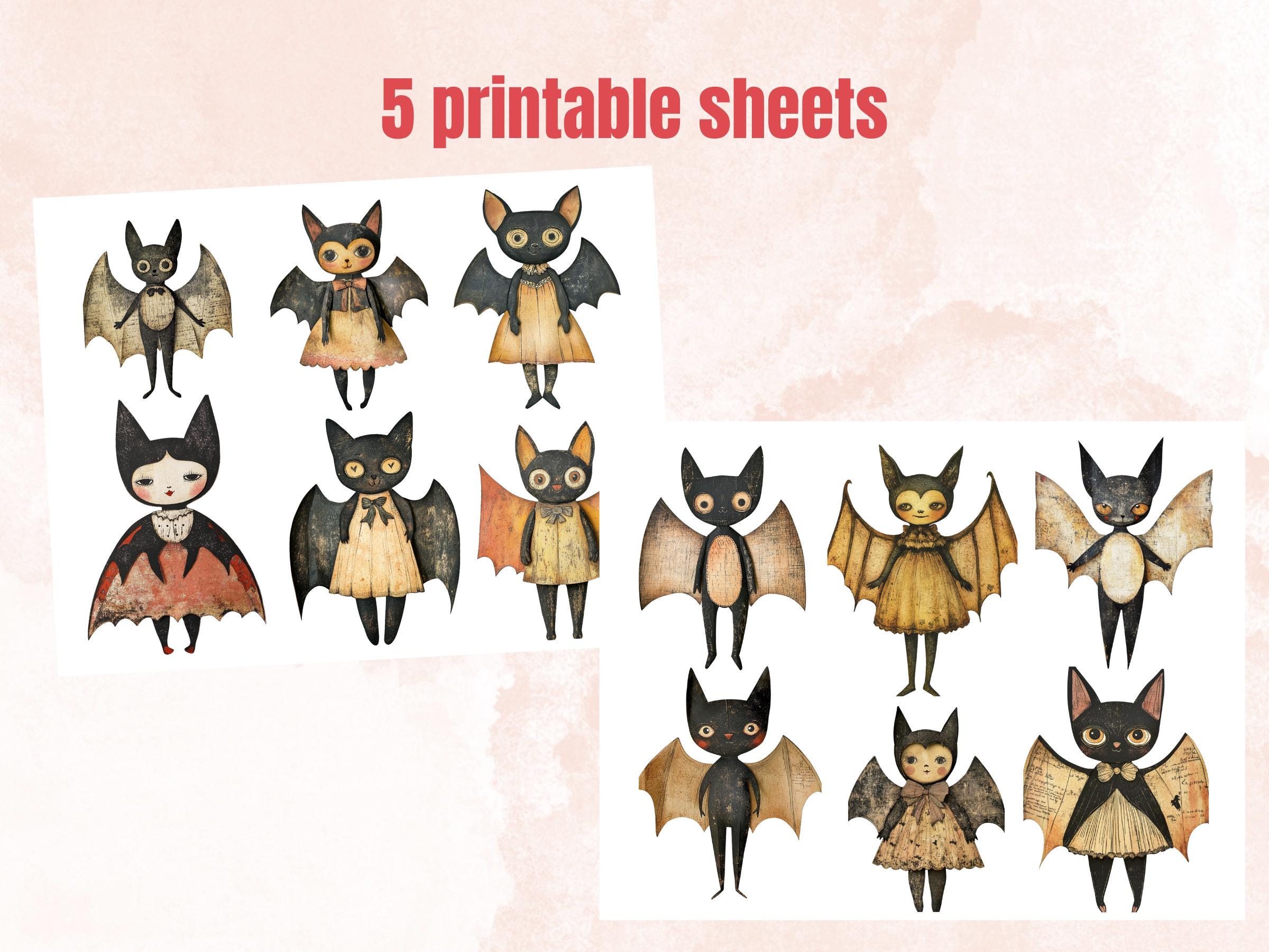 Halloween Bat Paper Doll Mixed Media Clipart, Whimsical Bat Fussy Cut Collage Sheet, Quirky Cut Out Ephemera, PNG + JPG for Scrapbooking
