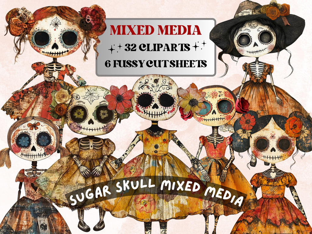 Sugar skull doll mixed-media clipart and fussy cuts for Day of the Dead journals