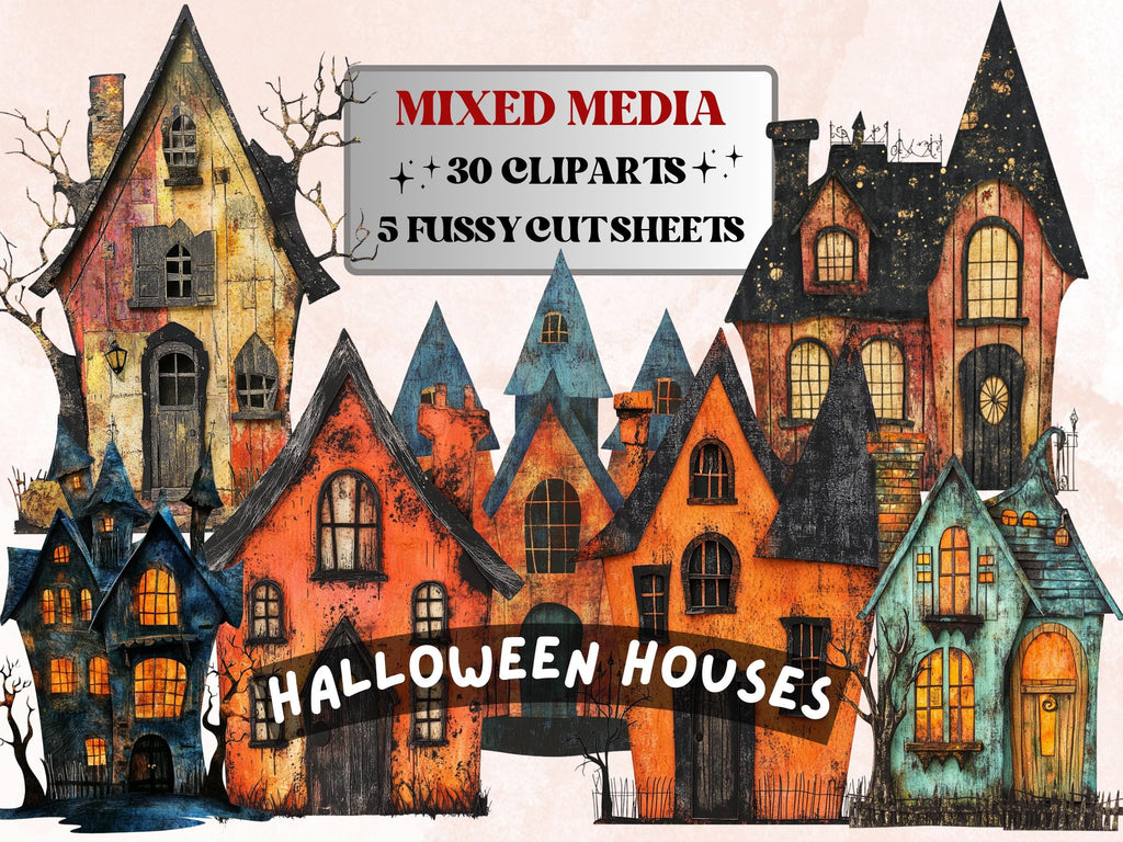 Halloween House Mixed Media Clipart, Spooky Haunted Mansion Fussy Cut Collage Sheet, Quirky Cut Out Ephemera, PNG + JPG for Scrapbooking