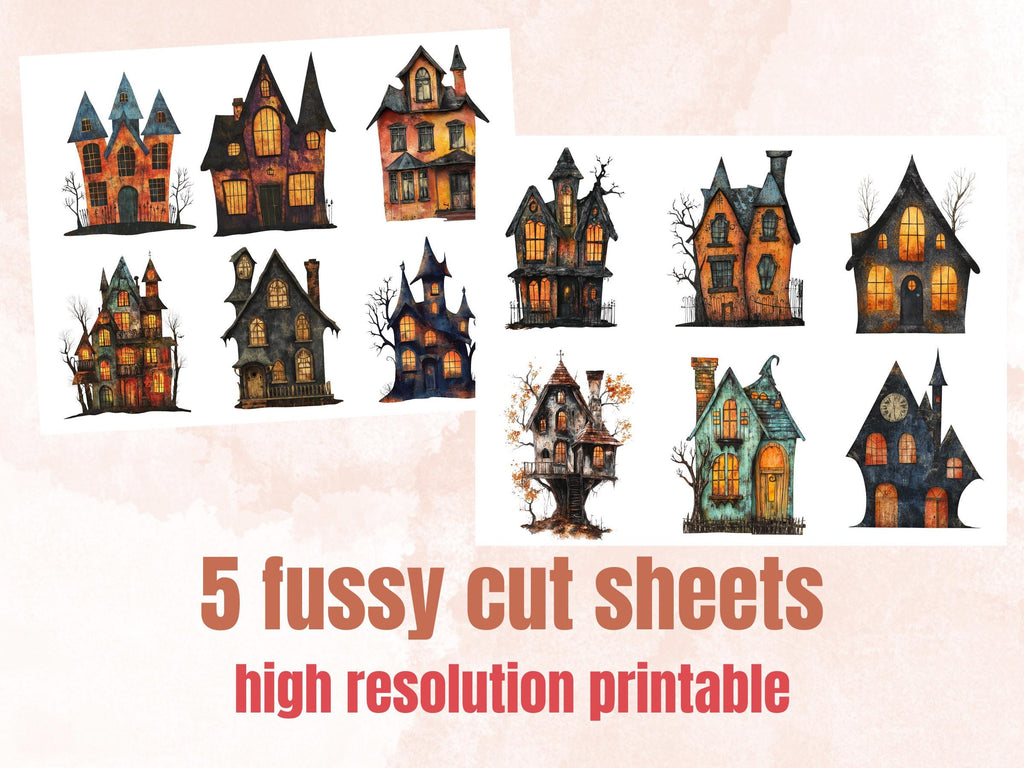 Halloween House Mixed Media Clipart, Spooky Haunted Mansion Fussy Cut Collage Sheet, Quirky Cut Out Ephemera, PNG + JPG for Scrapbooking