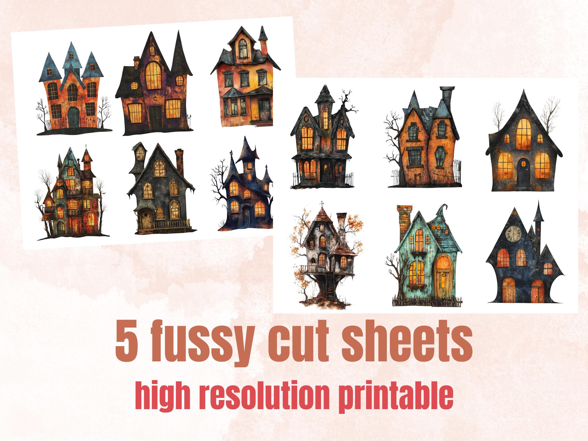 Halloween House Mixed Media Clipart, Spooky Haunted Mansion Fussy Cut Collage Sheet, Quirky Cut Out Ephemera, PNG + JPG for Scrapbooking