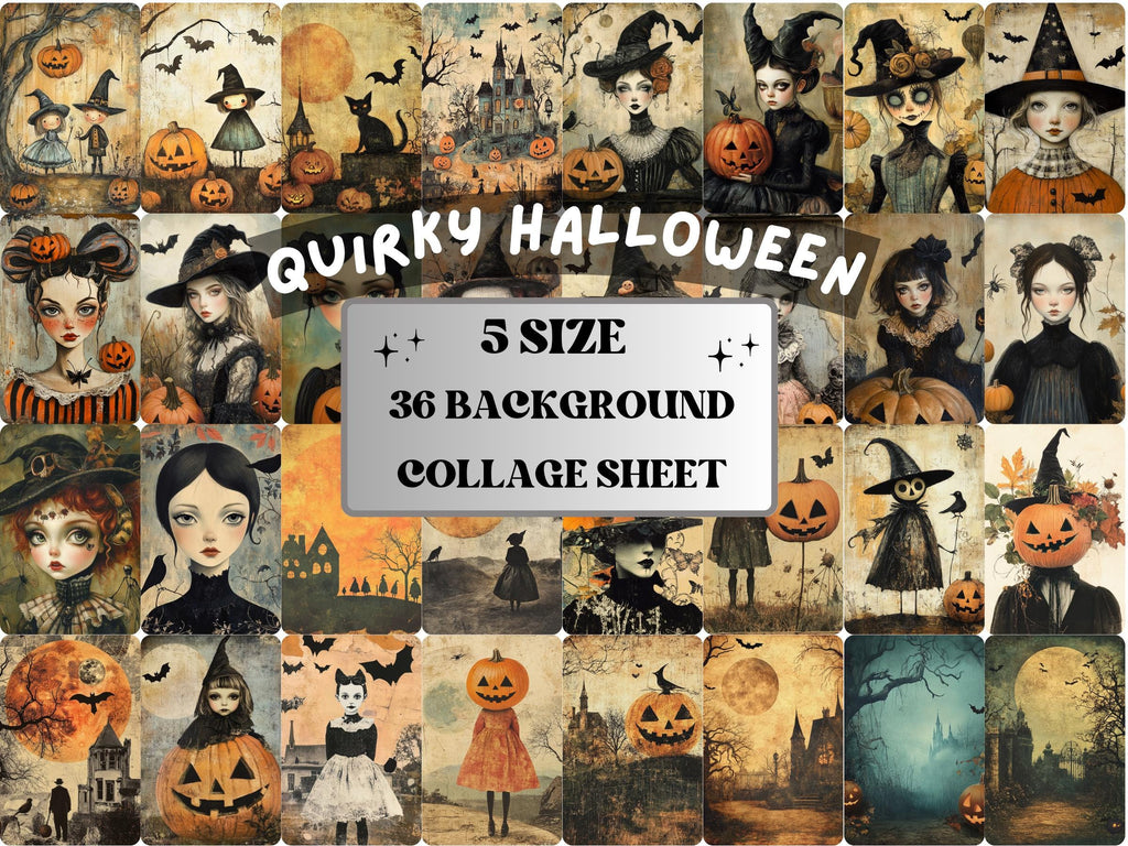 Quirky Halloween Collage Paper, Surreal Halloween Mixed Media Sheet, Whimsical Ephemera Images, Quirky Junk Journal, Spooky Scrapbook Paper